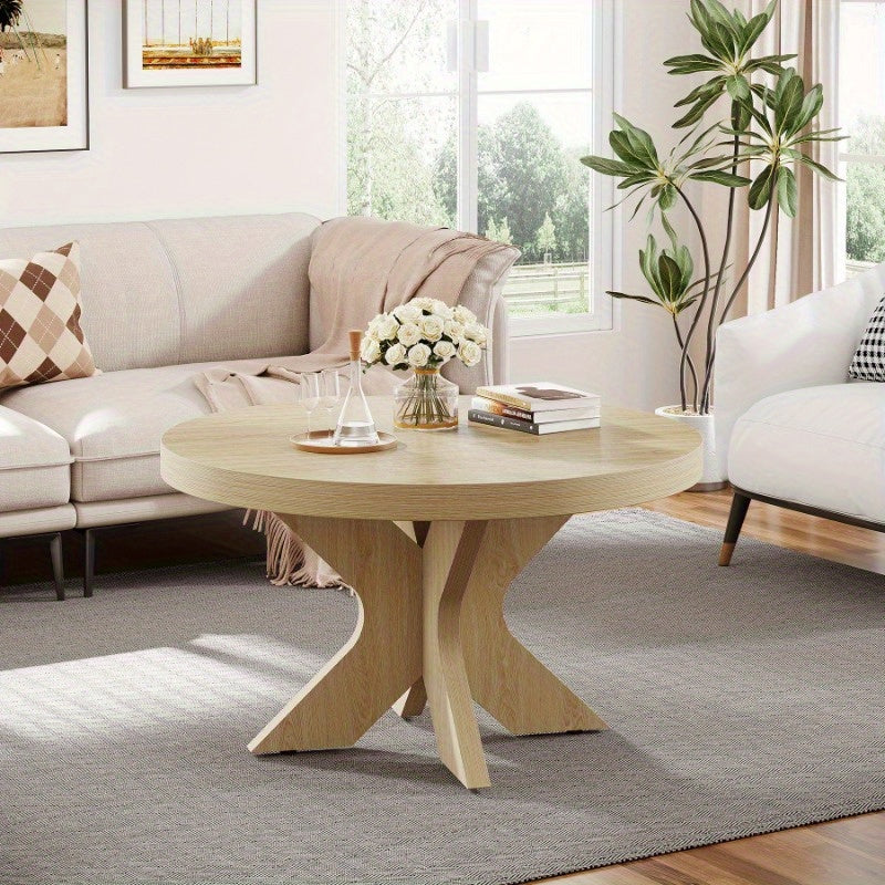 Elegant 79cm Round Wooden Coffee Table with Dual X-Shaped Legs - Modern Centerpiece for Living Room