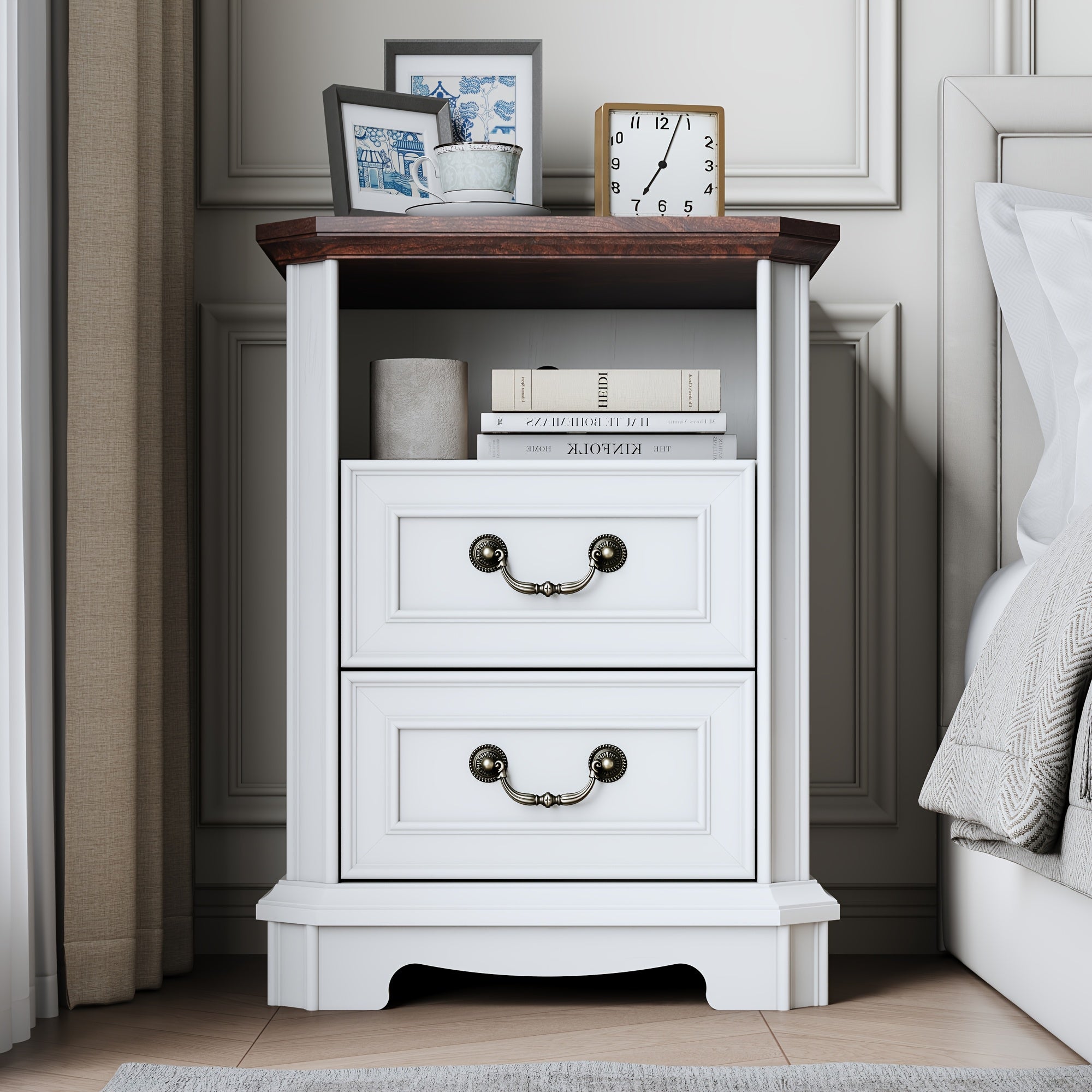 Charming Farmhouse 2-Drawer Nightstand - White Wooden End Table with Open Shelf for Bedroom & Living Room, Stain-Resistant