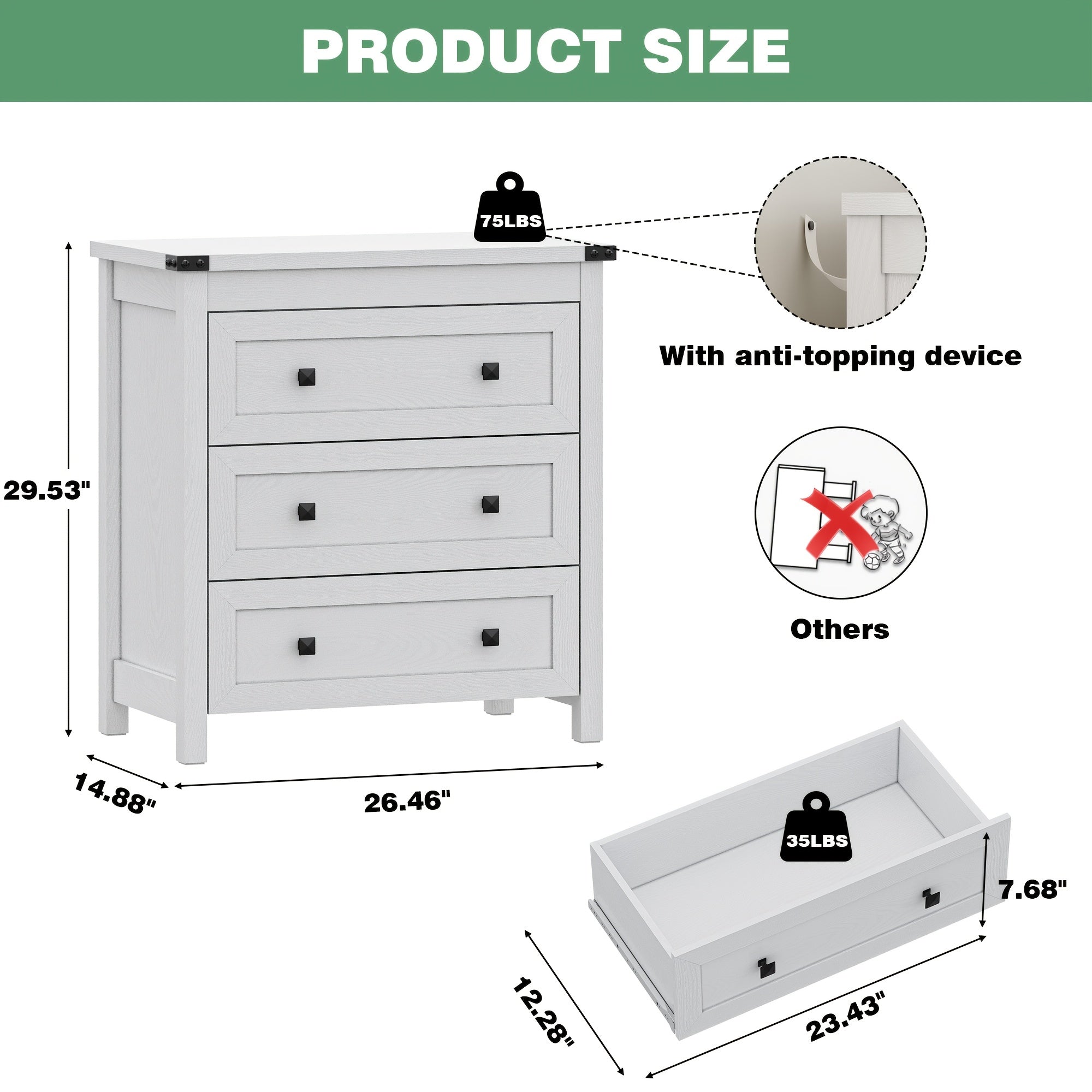 Dresser for Bedroom with 3 Drawers, Small Chests of Drawers, Farmhouse Wood Tall Nightstand Bedside End Table, Modern Closet Clothes Storage Drawer Organizer for Living Room, Entryway, Hallway