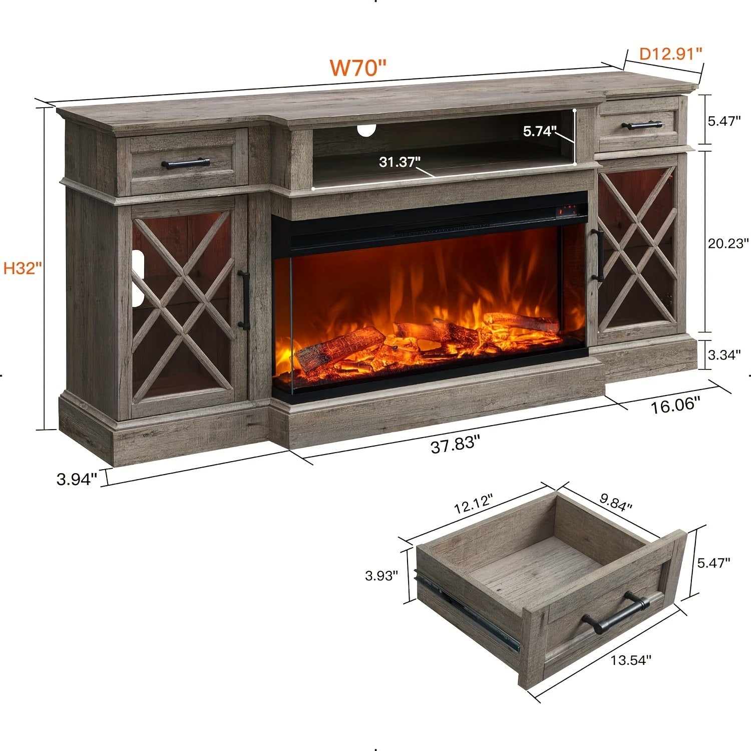 3-Sided Glass Farmhouse Fireplace TV Stand For TVs Up To 203cm, Highboy Entertainment Center With Glass Door Storage Cabinet, 70'' Large TV Stands With 36'' Electric Fireplace