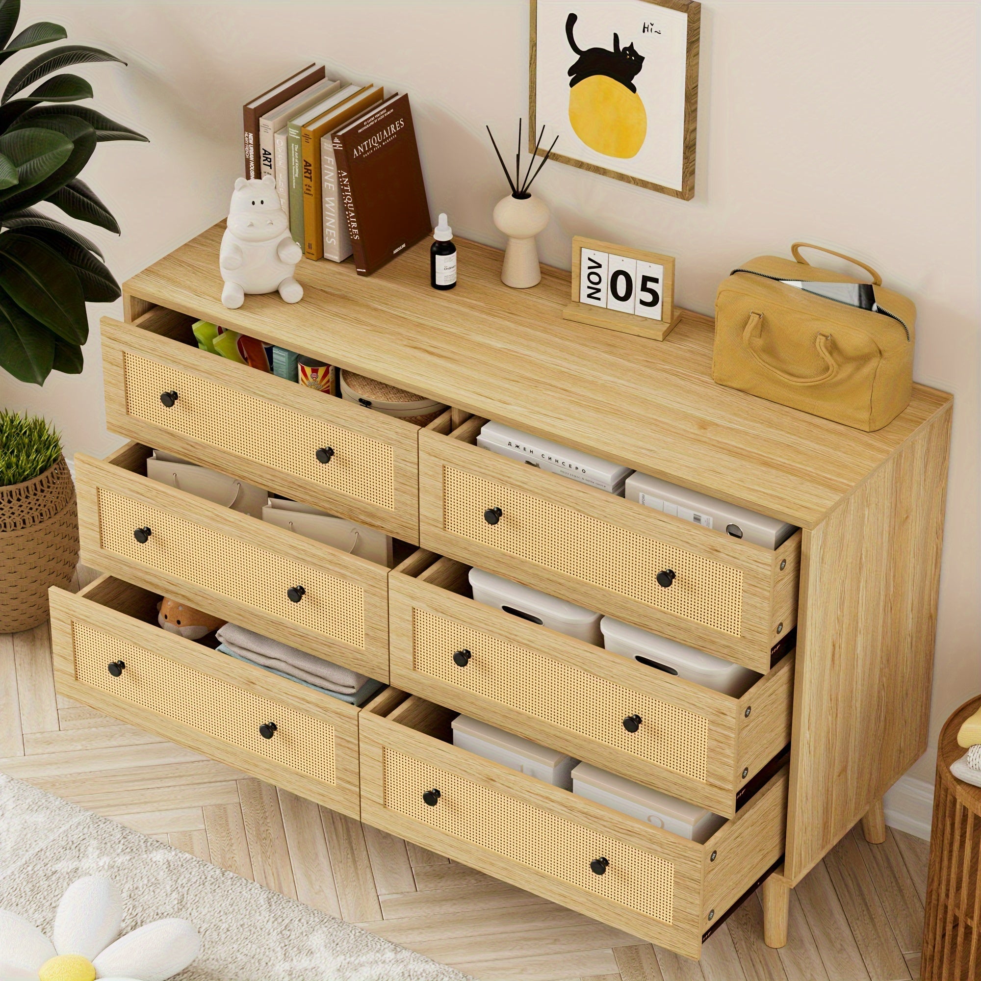 Rattan 6 Drawer Dresser For Bedroom, Wood Boho Double Chest Of Drawers With Storage And Golden Handle, Modern Natural Rattan Dresser For Living Room, Hallway, Entryway