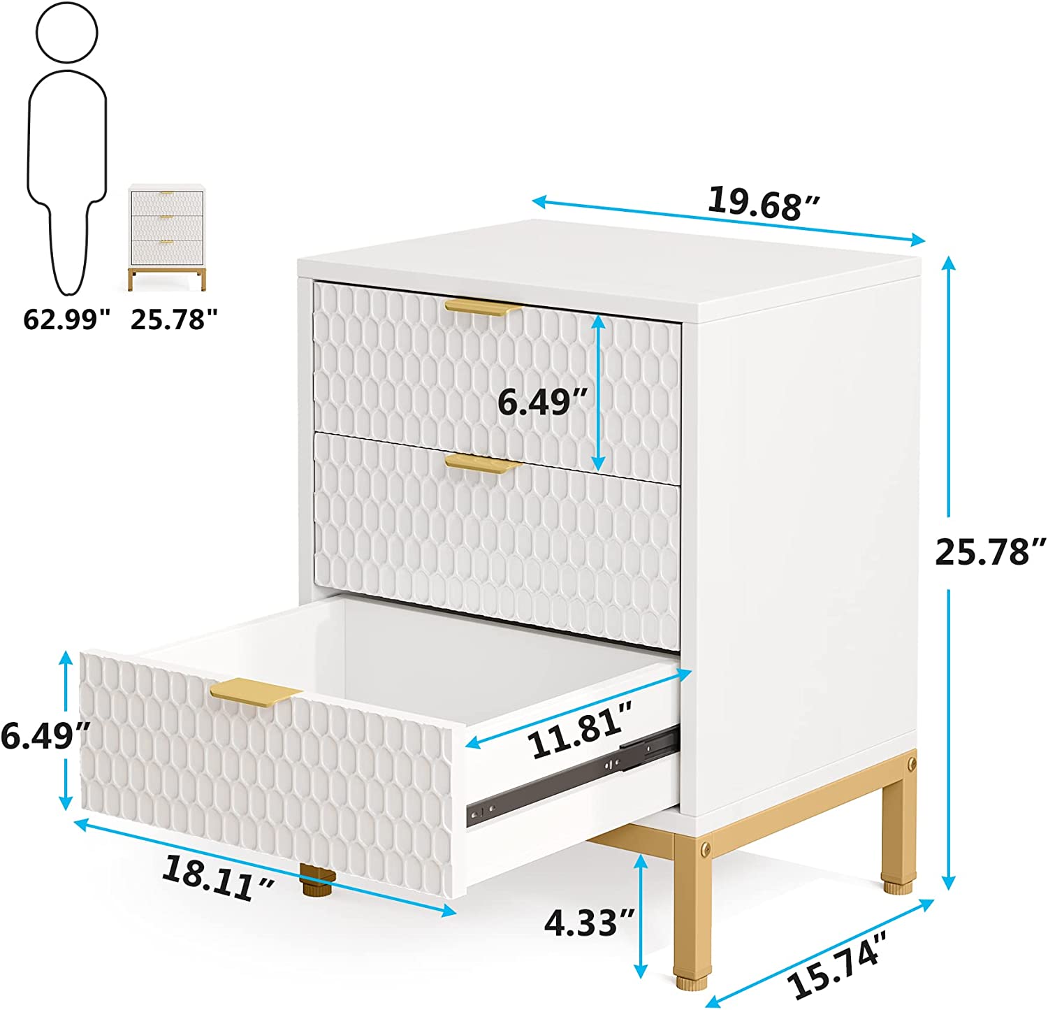 Modern Nightstand, 65.5 cm Tall Bedside Table with 3 Drawers