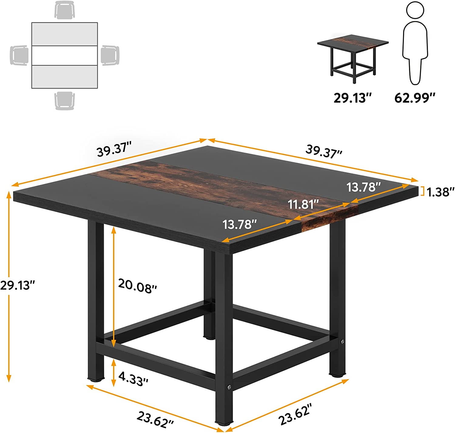 Square Dining Table, Farmhouse 99cm x 99cm x 74cm Kitchen Table for 4