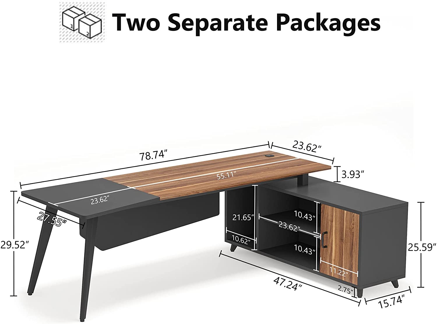 Industrial L-Shaped Desk, 200 cm Executive Office Desk with File Cabinet