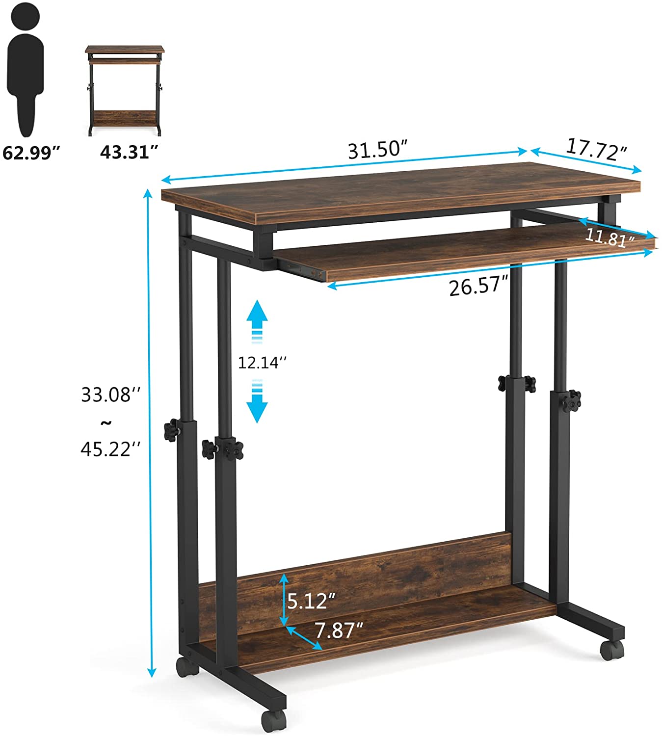 Height Adjustable Desk, Rolling Standing Desk Portable Desk (Adjustable Height in cm)