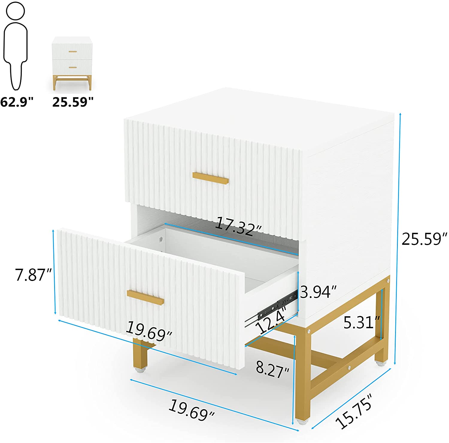 2-Drawer Nightstand, Modern Bedside End Table with Storage (in cm)