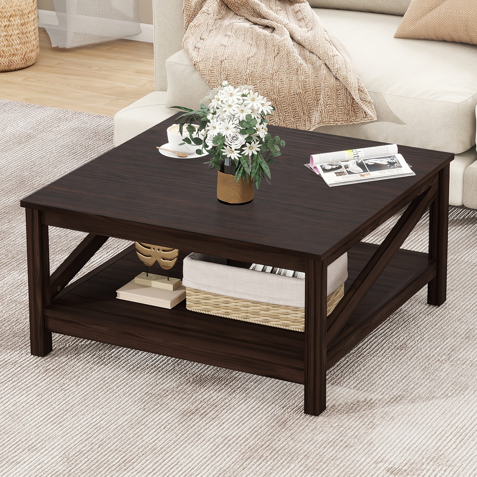 Wooden Coffee Table Storage Shelf Rectangular End Side Table