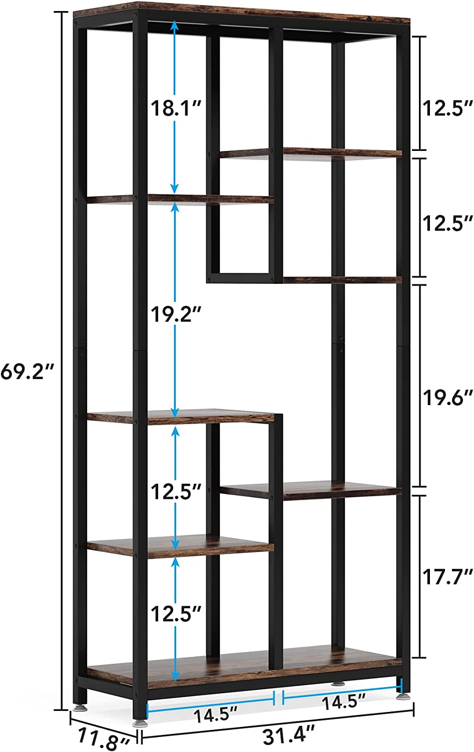 8-Shelf Bookshelf, Industrial Open Bookcase Storage Display Rack (Converted to cm)