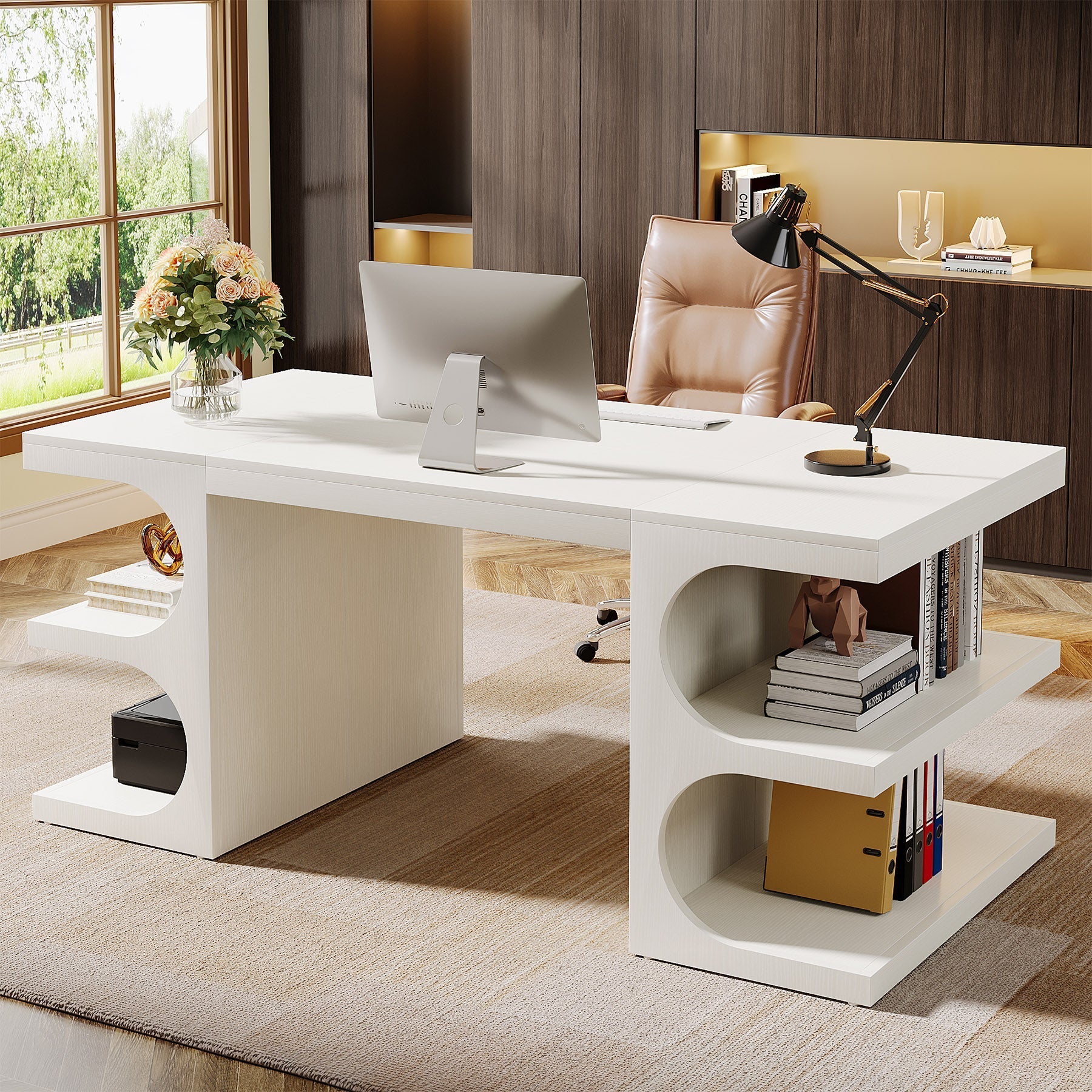 157.5 cm Executive Desk, Modern Office Computer Desk with Storage Shelves