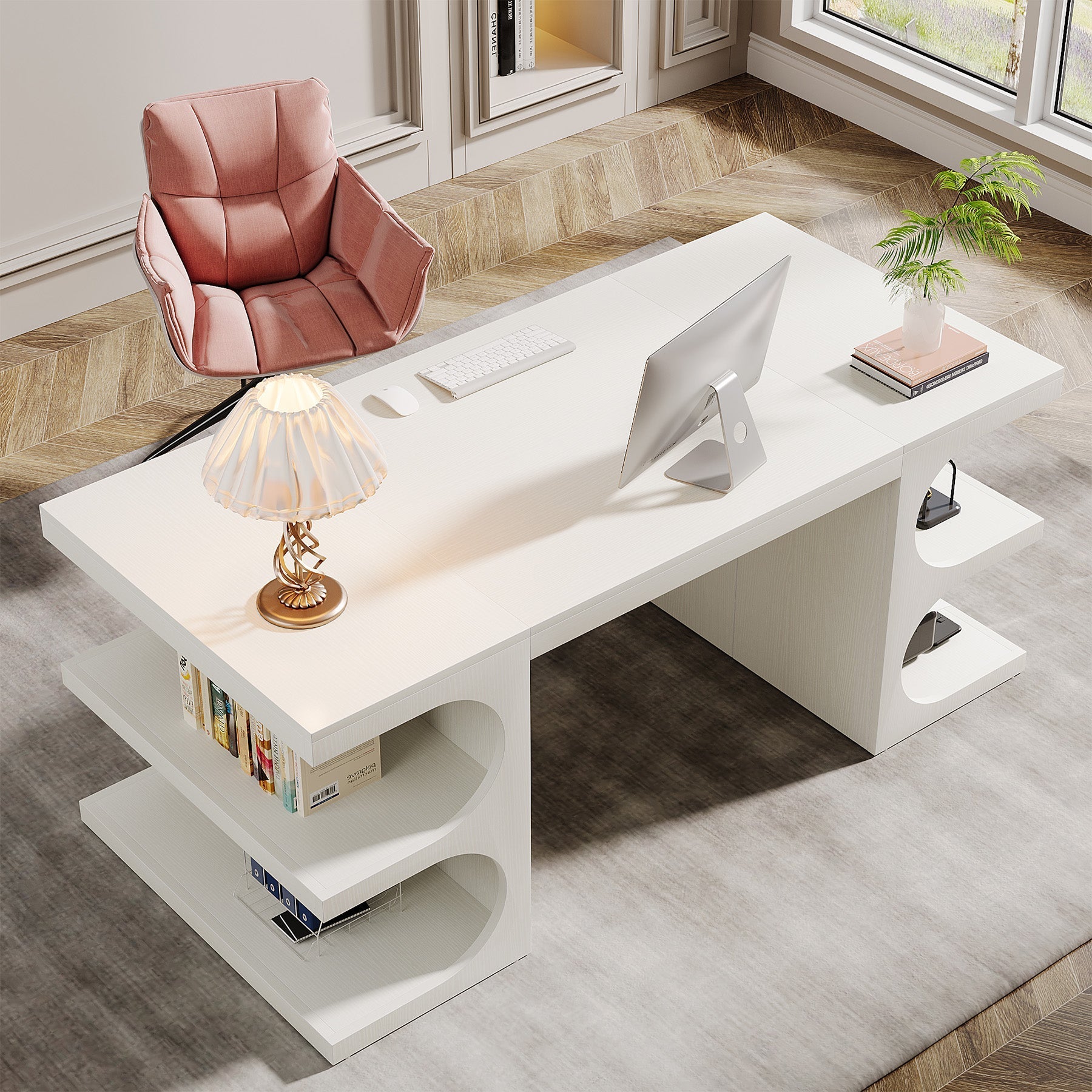 157.5 cm Executive Desk, Modern Office Computer Desk with Storage Shelves