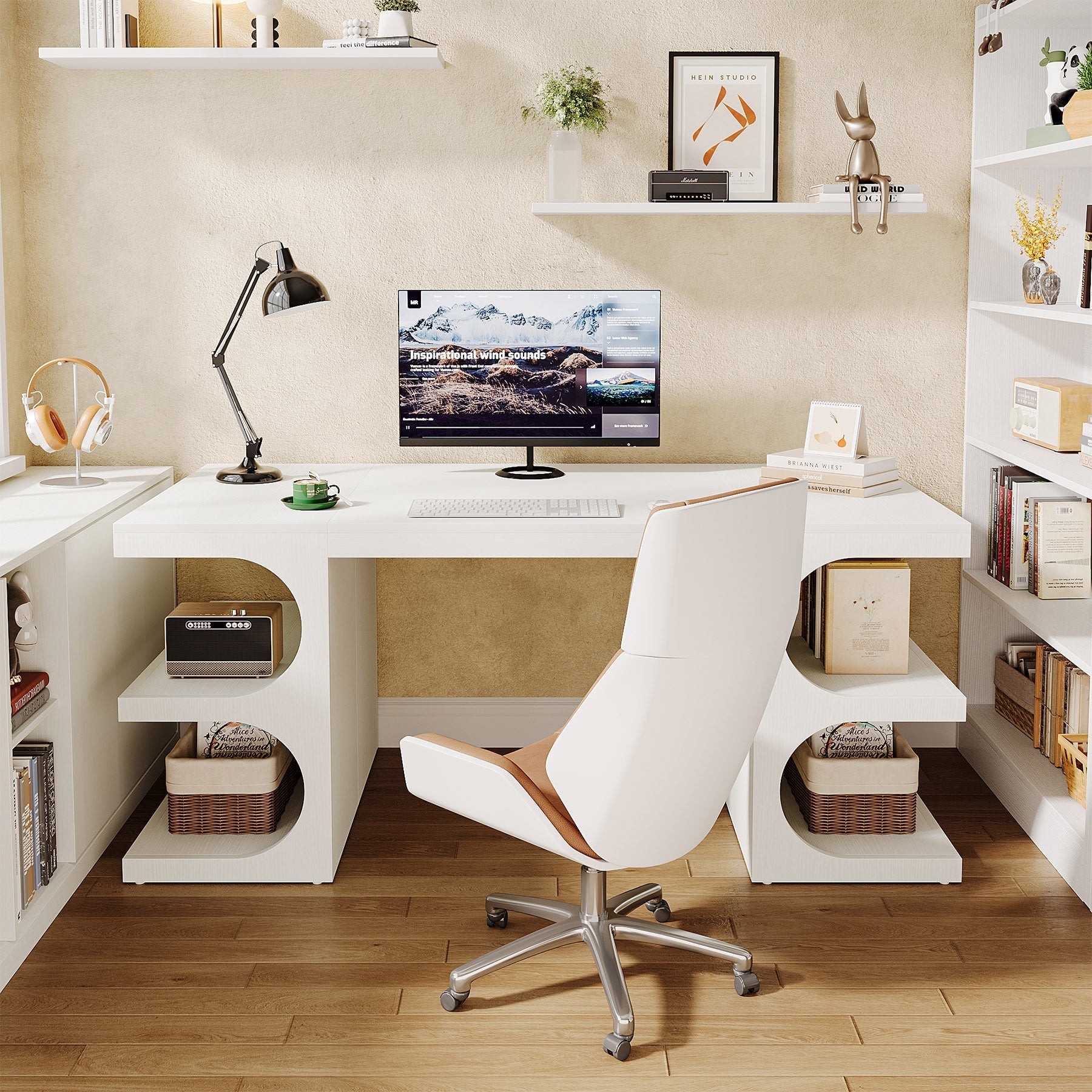 157.5 cm Executive Desk, Modern Office Computer Desk with Storage Shelves