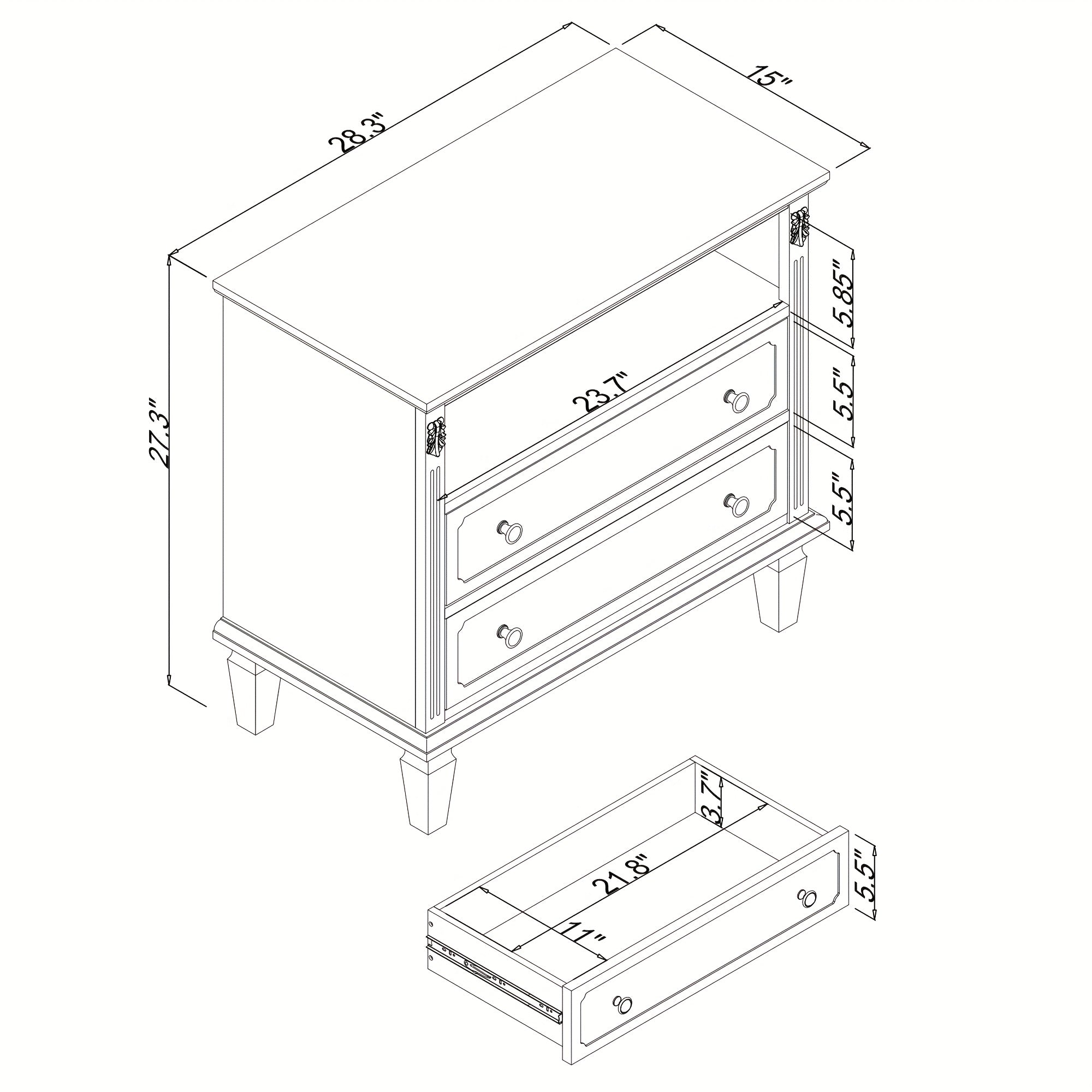 Open Space And 2 Drawers Dresser Nightstand With Charging Station, Farmhouse End Table With USB Ports And Outlets, Fluted Pilasters Design Side Table With Solid Wood Legs For Bedroom