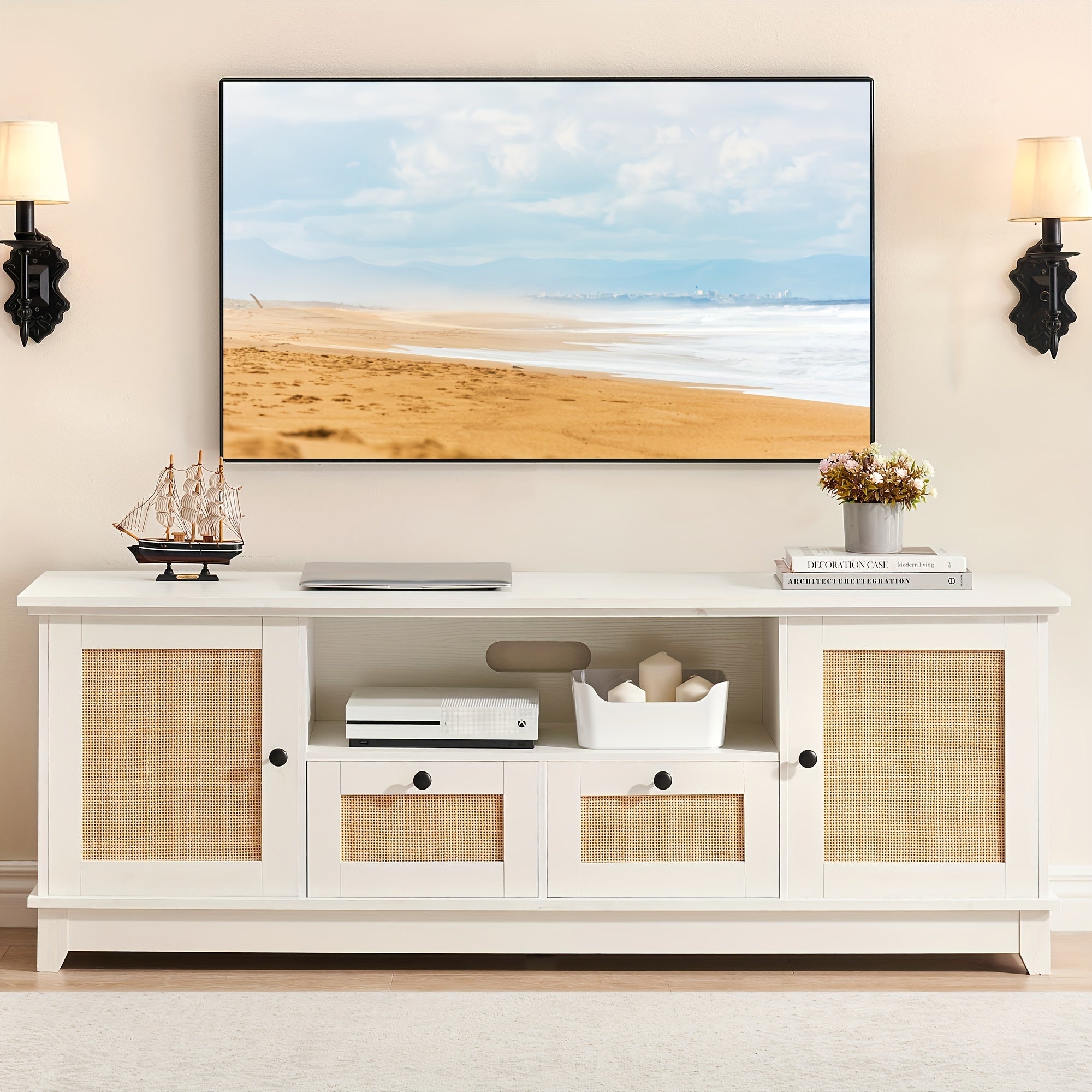 White Rattan TV Stand For 65 Inch TV, Modern Console Table With Storage For Living Room, Entertainment Center Cabinet 63 X 16 X 23 Inches, Mid Century Modern TV Stand