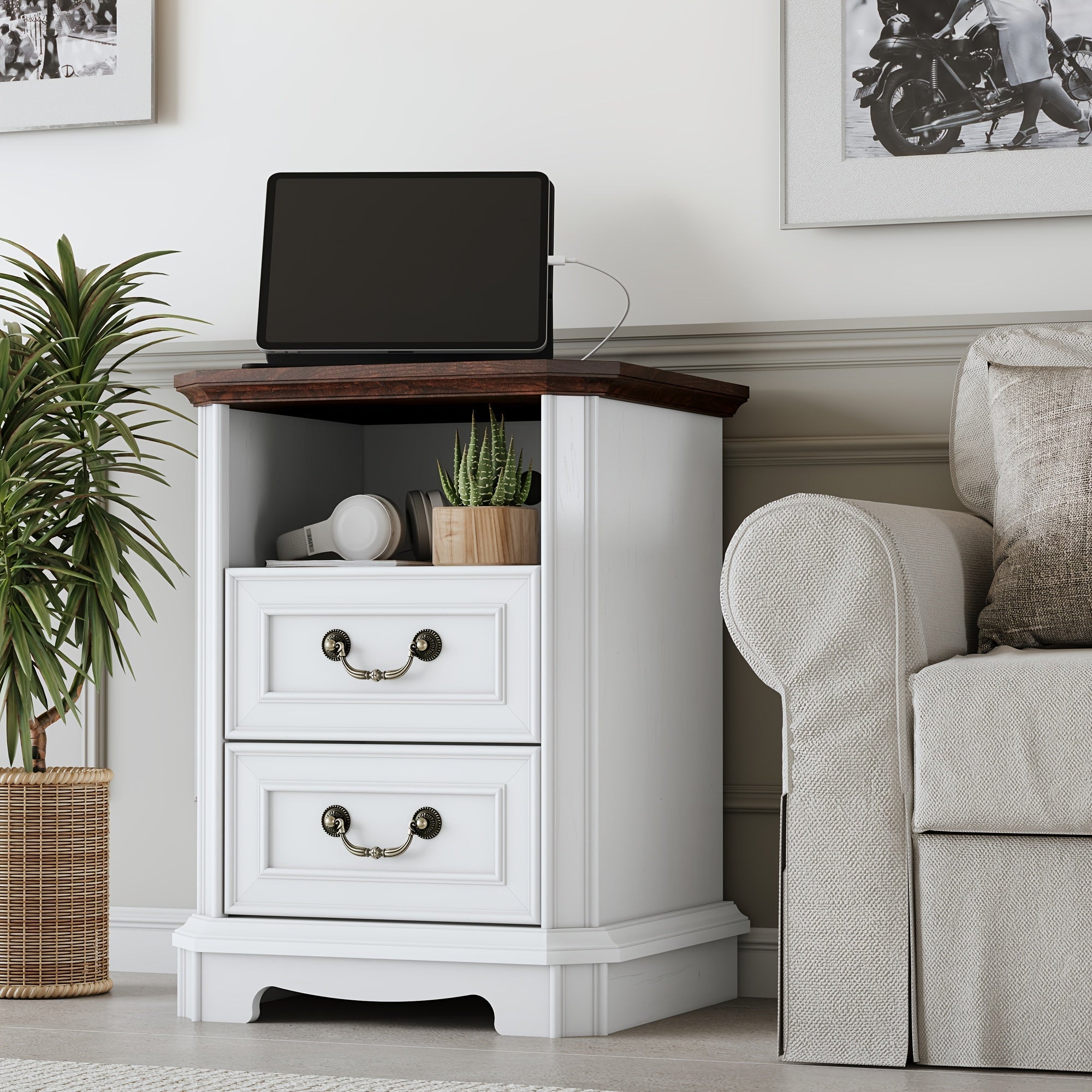 Charming Farmhouse 2-Drawer Nightstand - White Wooden End Table with Open Shelf for Bedroom & Living Room, Stain-Resistant