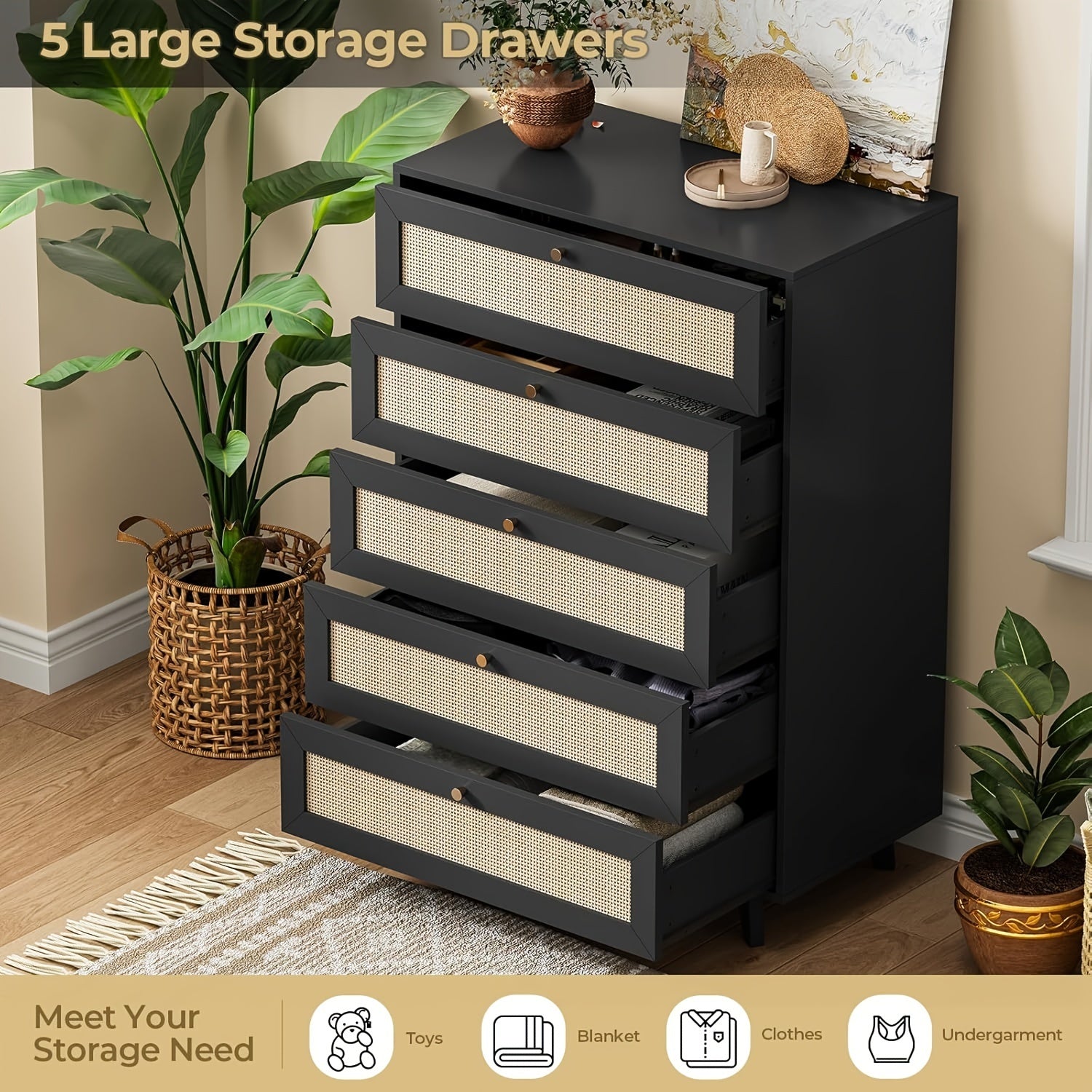 Modern Tall Bedroom Dresser Rattan Dresser For Bedroom With 5 Drawer Chest Of Drawers For Living Room