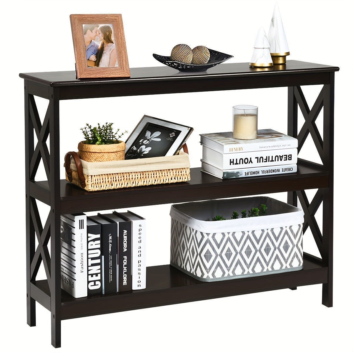 3-Tier Console Table X-Design Bookshelf Sofa Side Accent Table w/Shelf Espresso (76.2 cm)