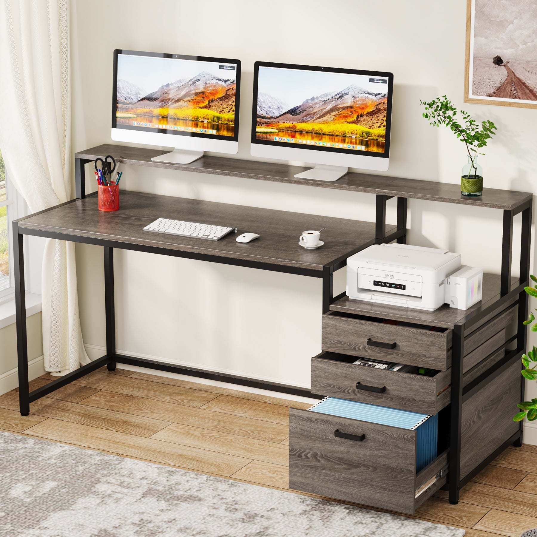 160 cm Computer Desk, Ergonomic Office Desk with Drawers & Monitor Stand