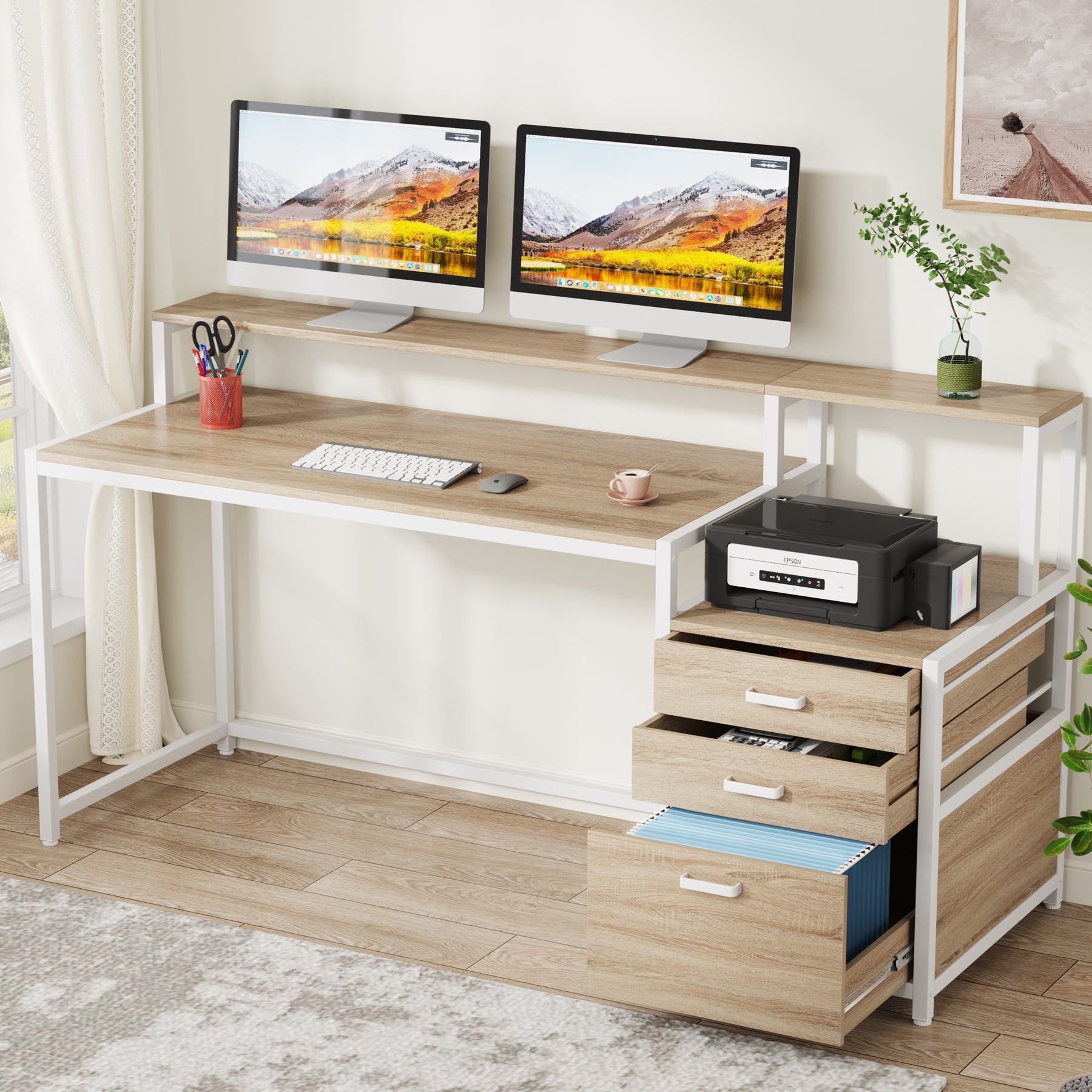 160 cm Computer Desk, Ergonomic Office Desk with Drawers & Monitor Stand