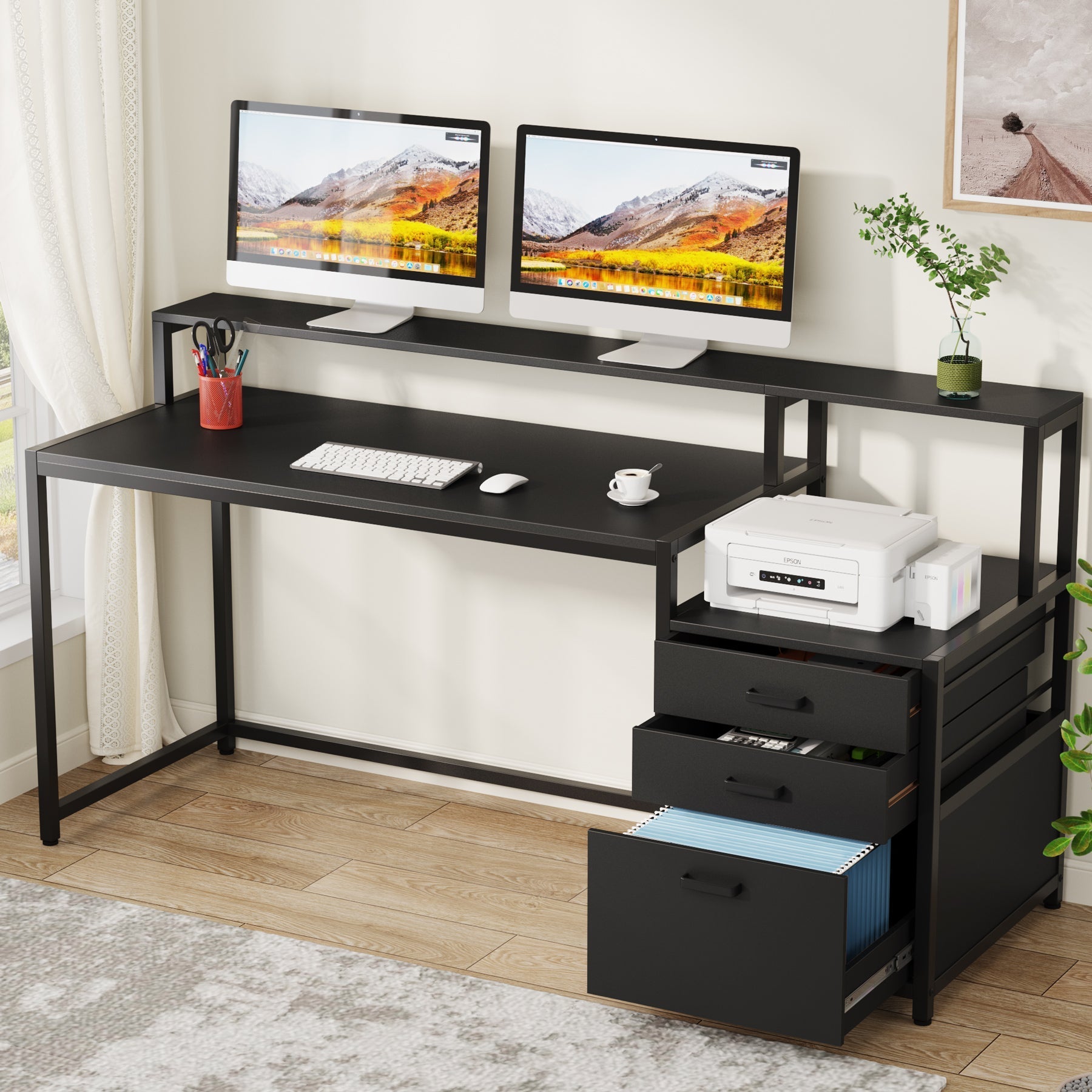 160 cm Computer Desk, Ergonomic Office Desk with Drawers & Monitor Stand