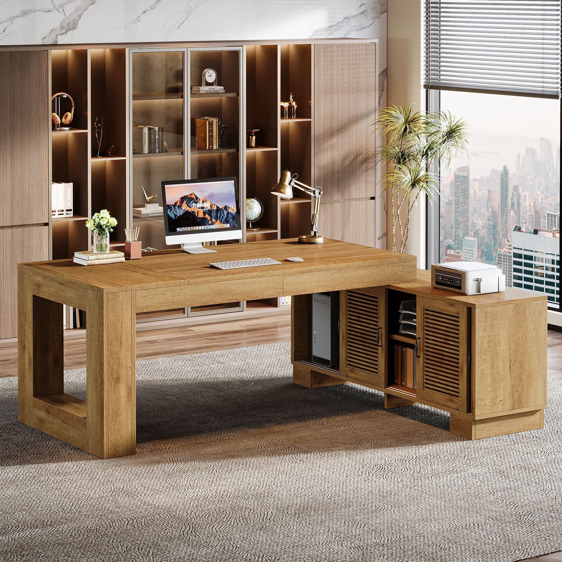 160 cm Computer Desk, L-shaped Executive Desk with Storage Cabinets