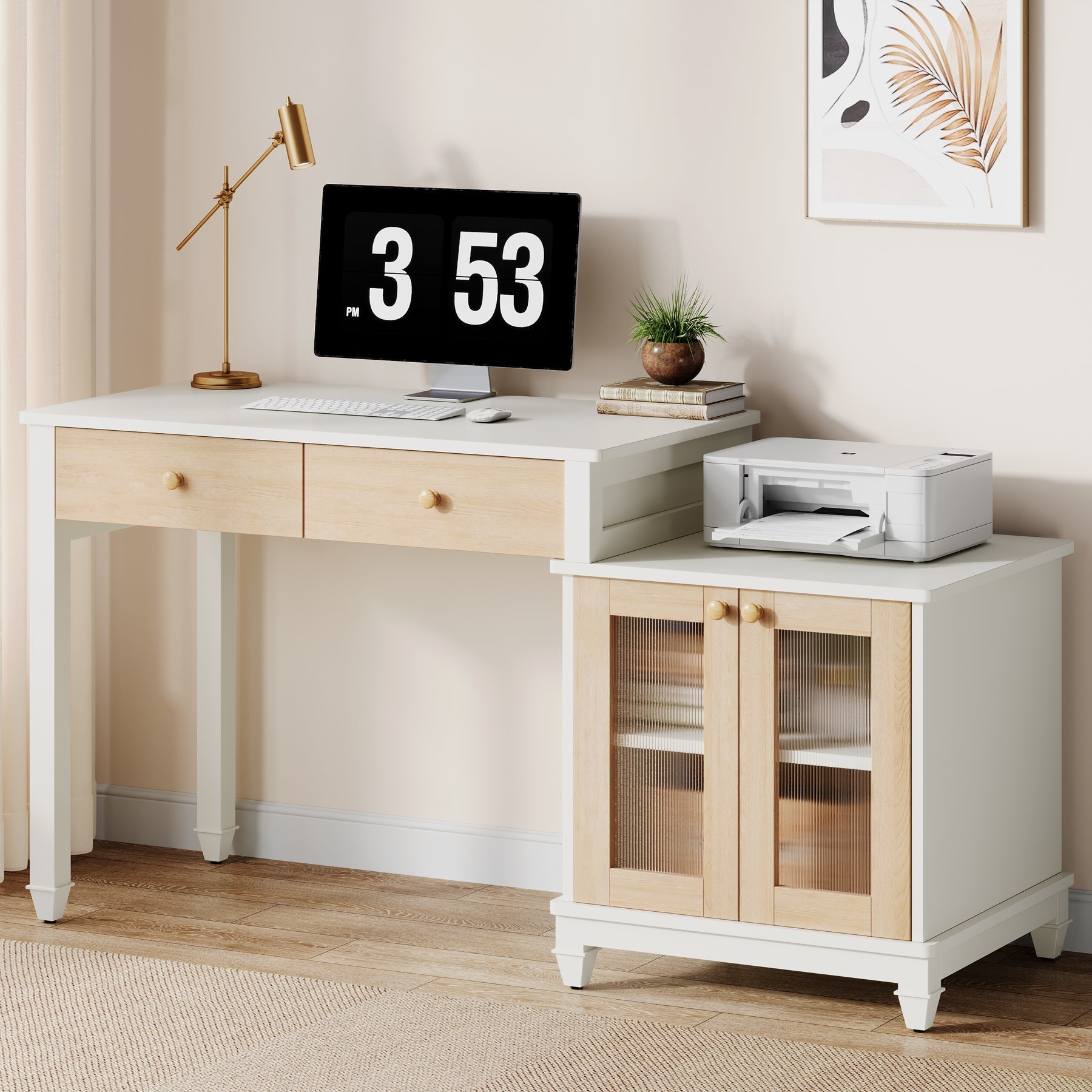 160 cm Computer Desk, Reversible Office Desk with Storage Cabinet