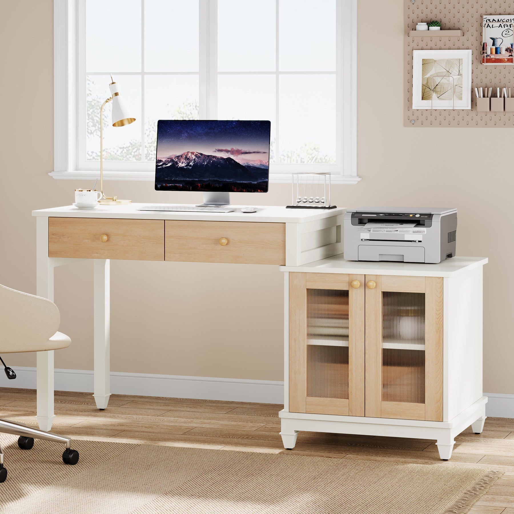 160 cm Computer Desk, Reversible Office Desk with Storage Cabinet