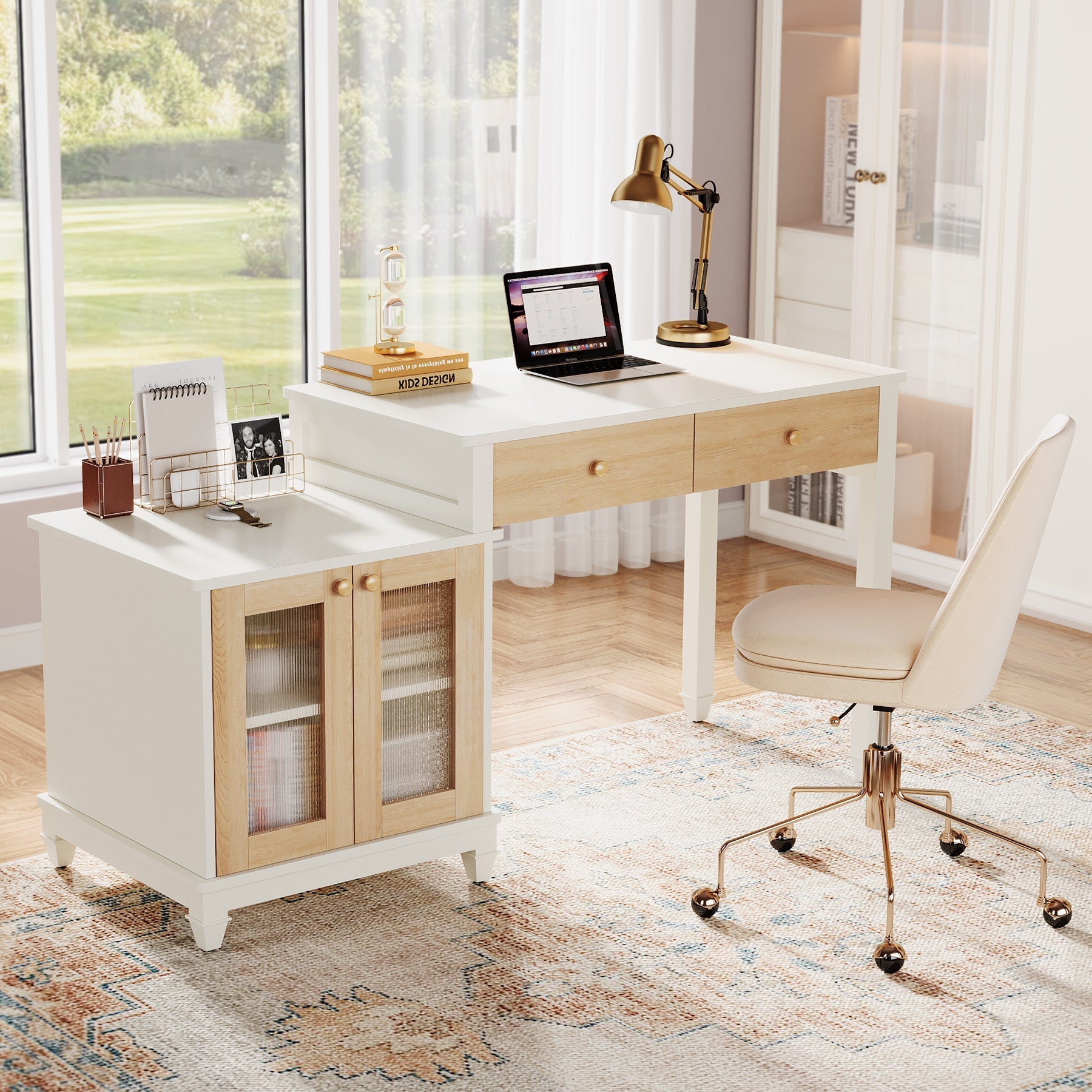 160 cm Computer Desk, Reversible Office Desk with Storage Cabinet