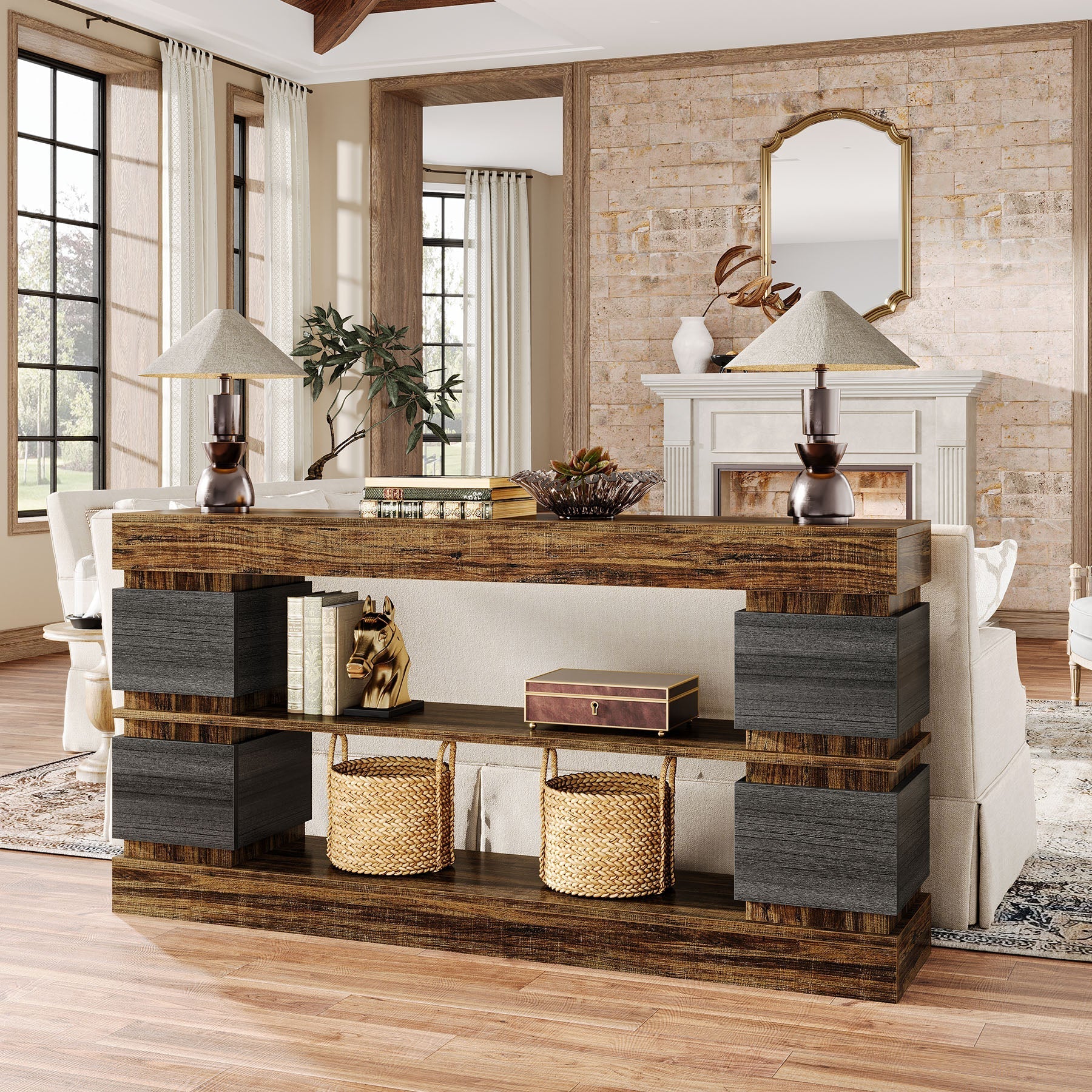 160 cm Console Table, 3-Tier Farmhouse Hallway Sofa Table