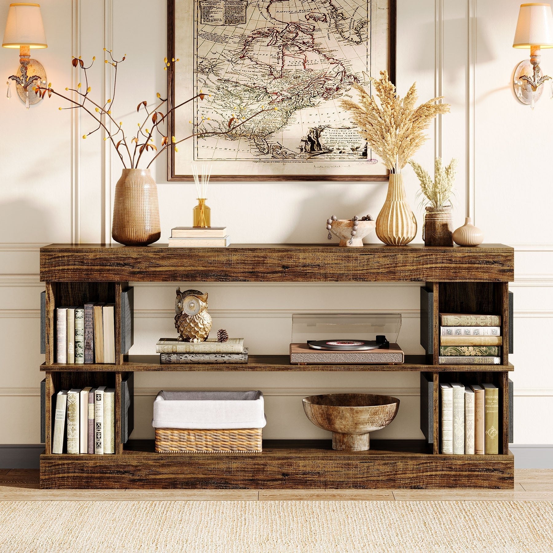 160 cm Console Table, 3-Tier Farmhouse Hallway Sofa Table