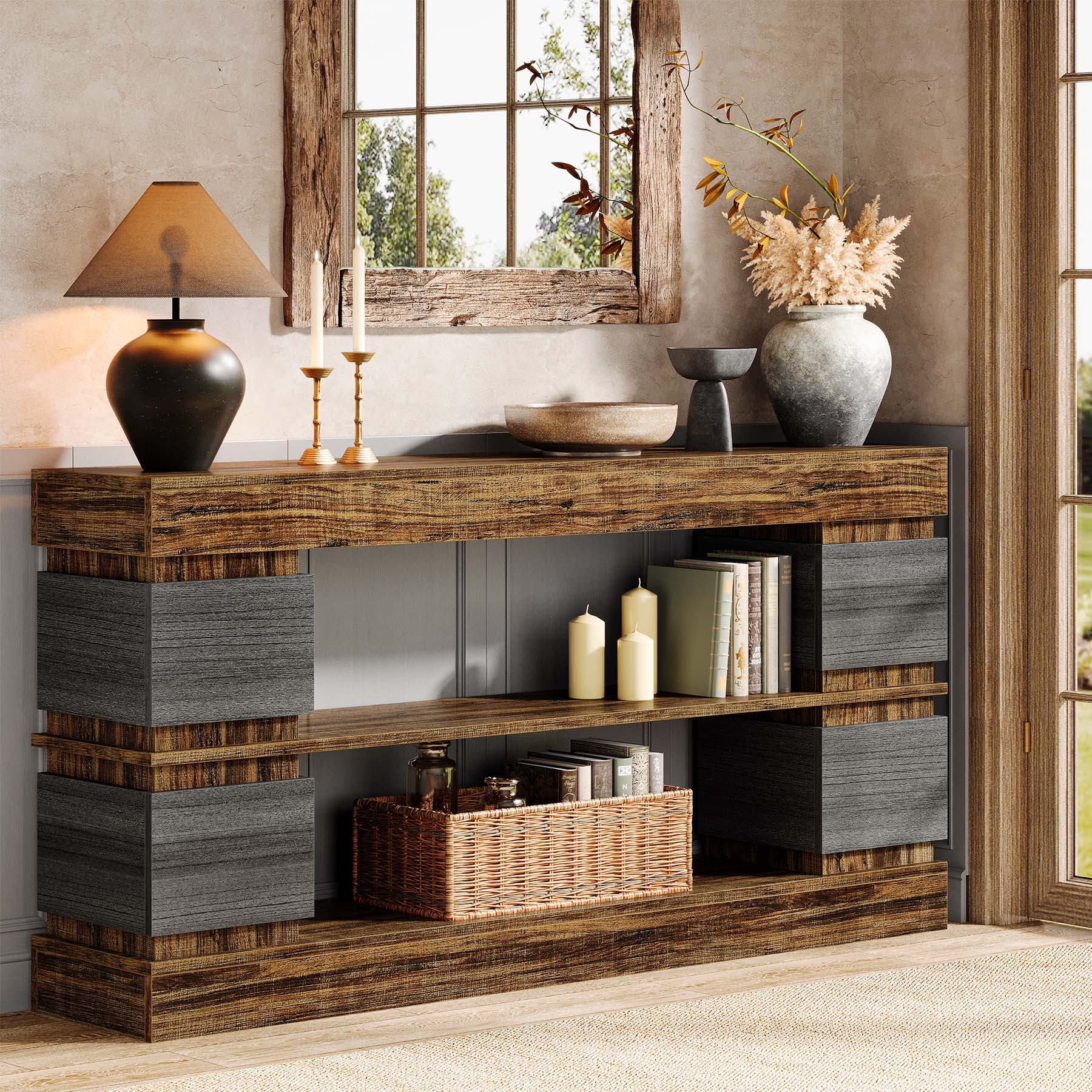 160 cm Console Table, 3-Tier Farmhouse Hallway Sofa Table