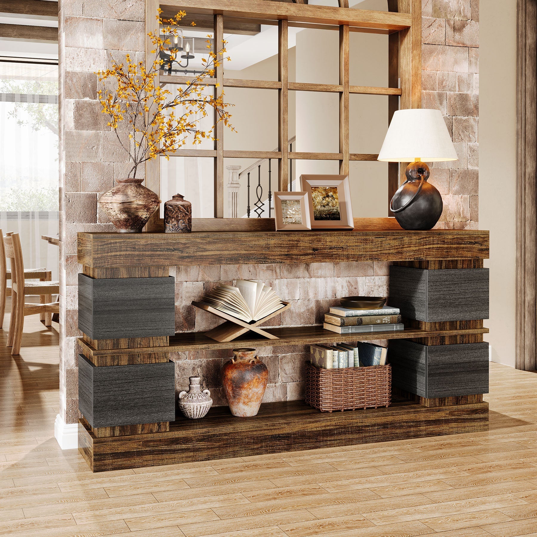 160 cm Console Table, 3-Tier Farmhouse Hallway Sofa Table