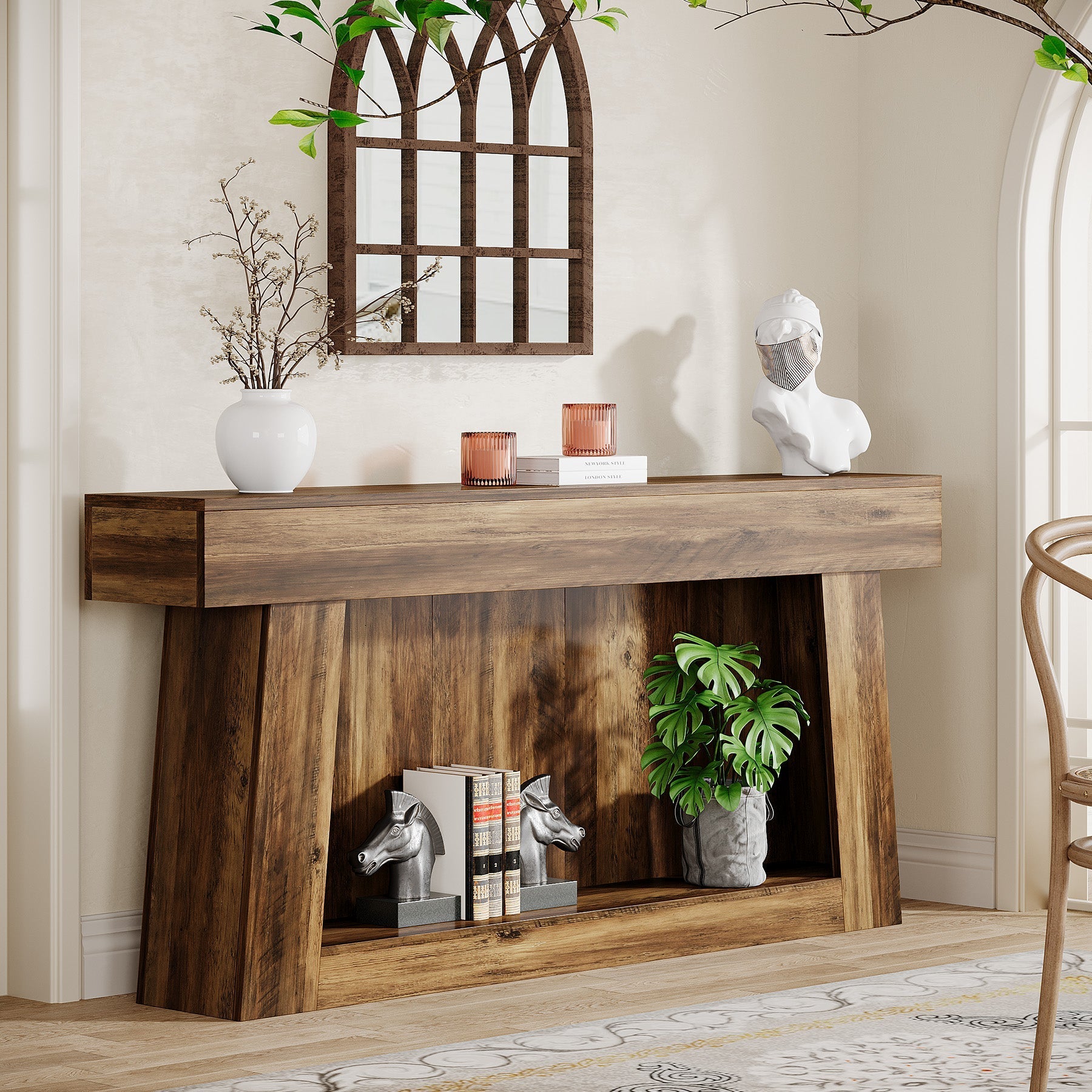 160 cm Console Table, Farmhouse 2-Tier Sofa Table Entryway Table with Storage