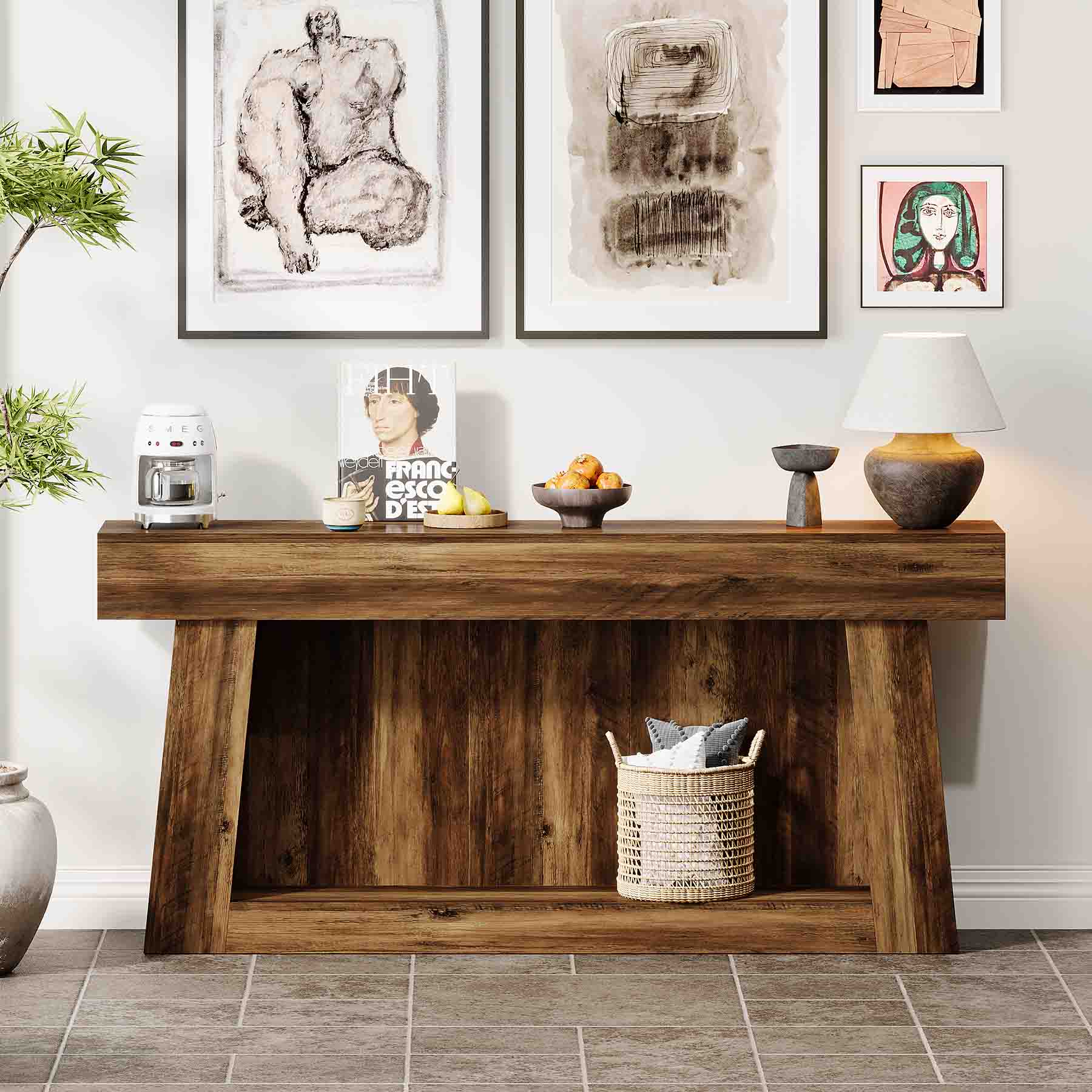 160 cm Console Table, Farmhouse 2-Tier Sofa Table Entryway Table with Storage