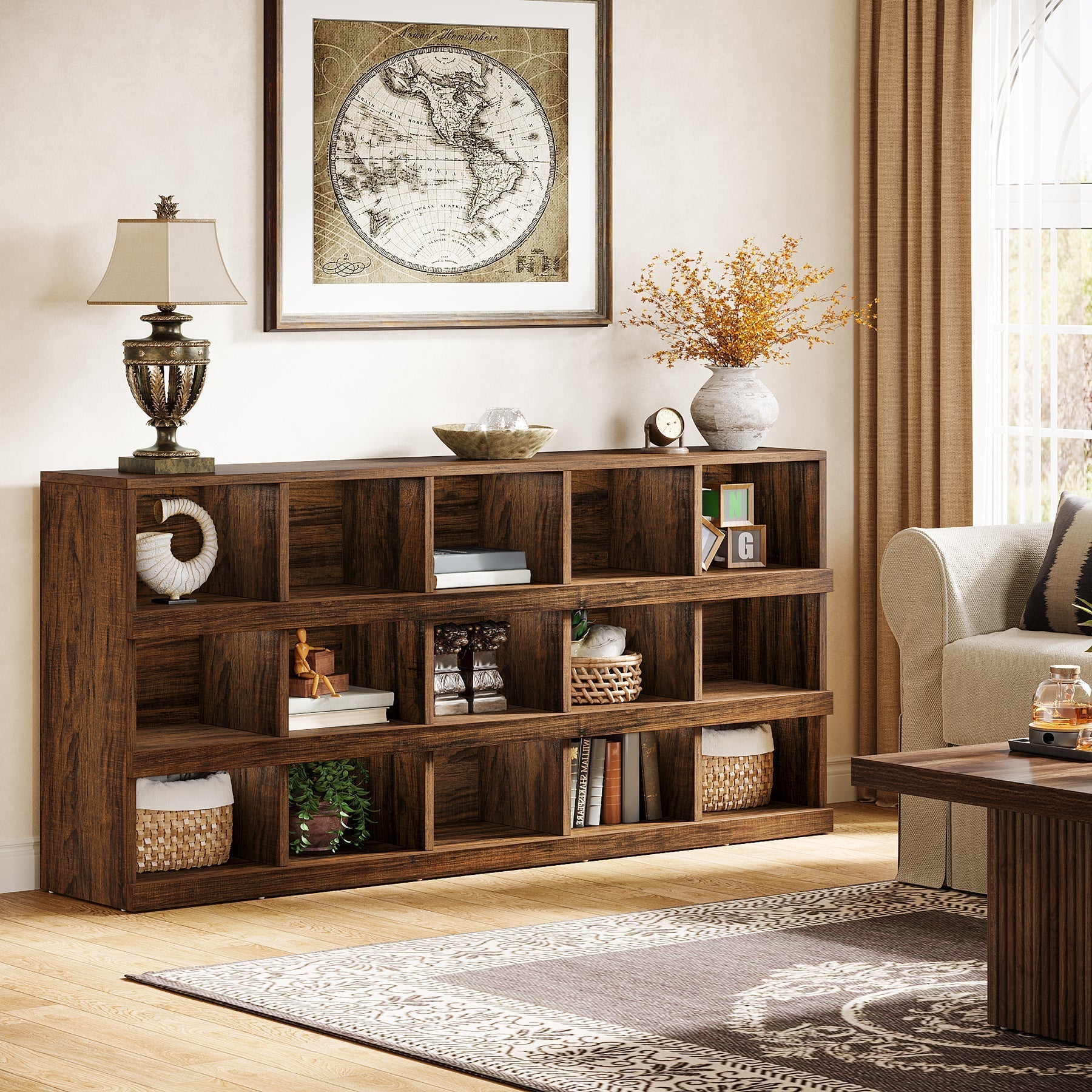 160 cm Console Table, Farmhouse 4-Tier Sofa Table with 15 Storage Cubes