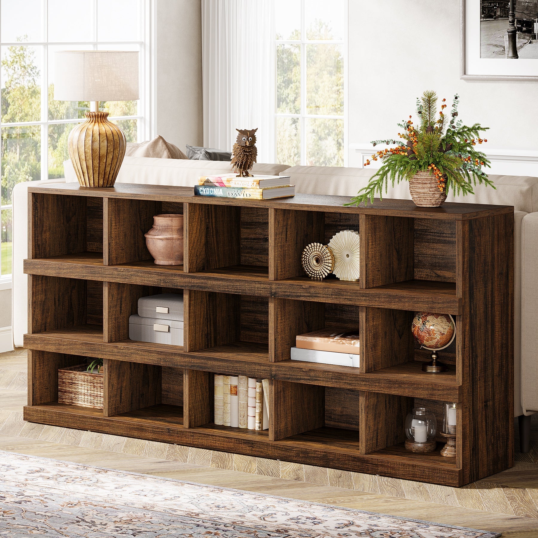 160 cm Console Table, Farmhouse 4-Tier Sofa Table with 15 Storage Cubes