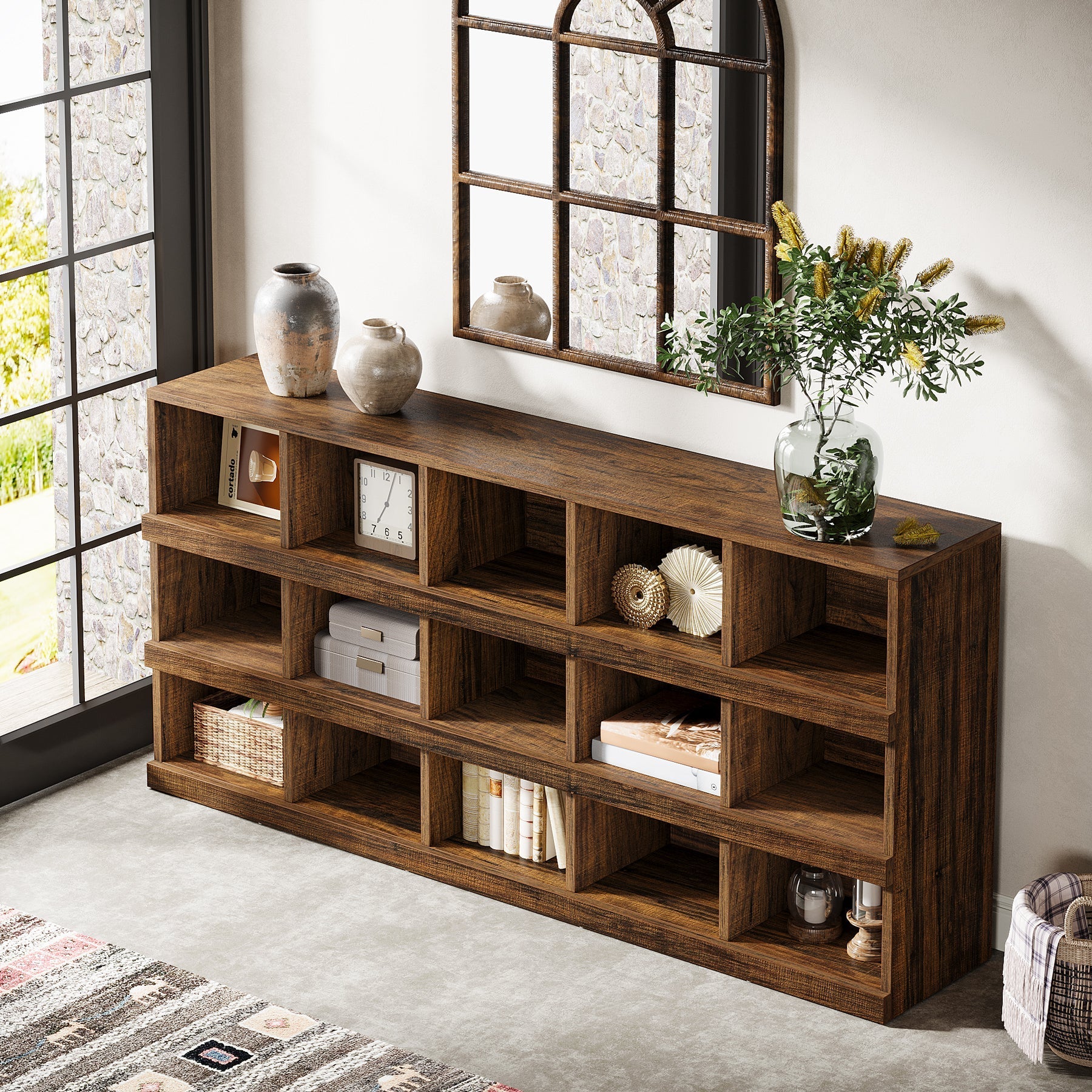 160 cm Console Table, Farmhouse 4-Tier Sofa Table with 15 Storage Cubes