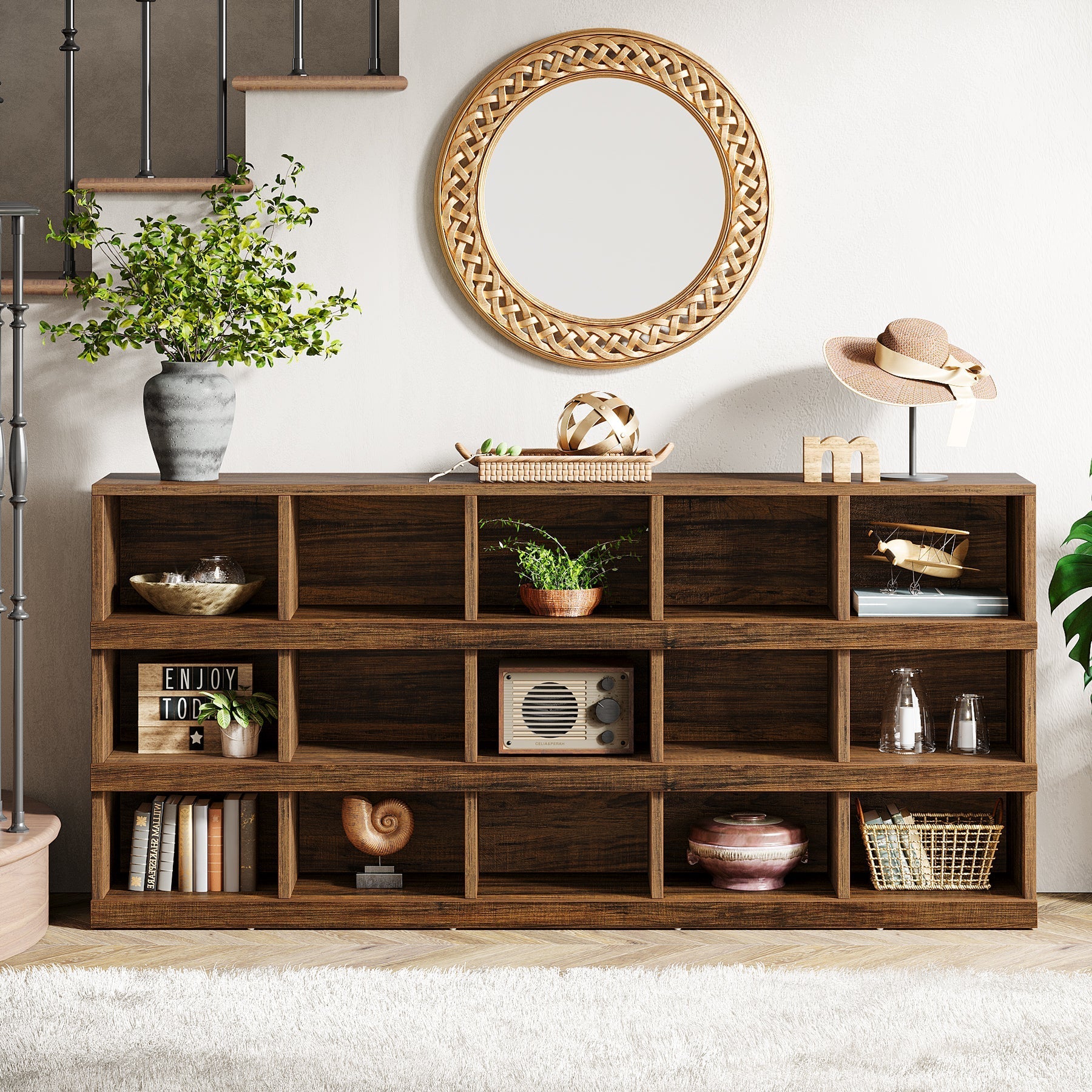 160 cm Console Table, Farmhouse 4-Tier Sofa Table with 15 Storage Cubes