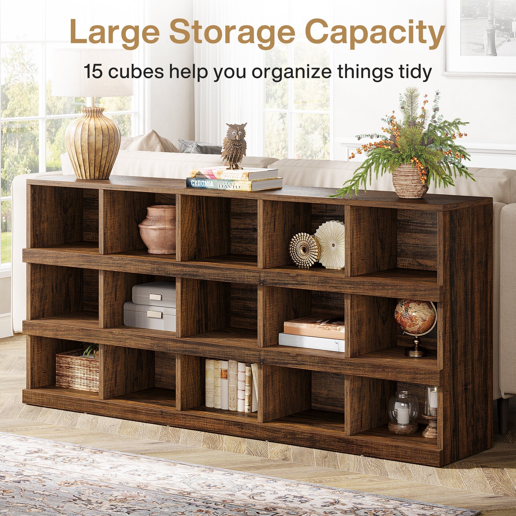 160 cm Console Table, Farmhouse 4-Tier Sofa Table with 15 Storage Cubes