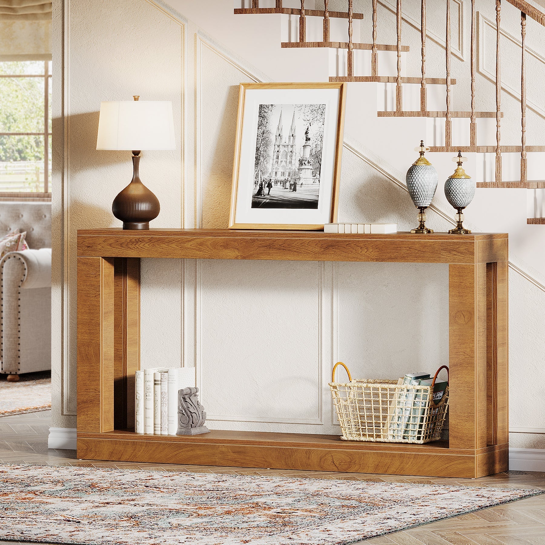 160 cm Console Table, Farmhouse Entryway Table Sofa Table with Storage