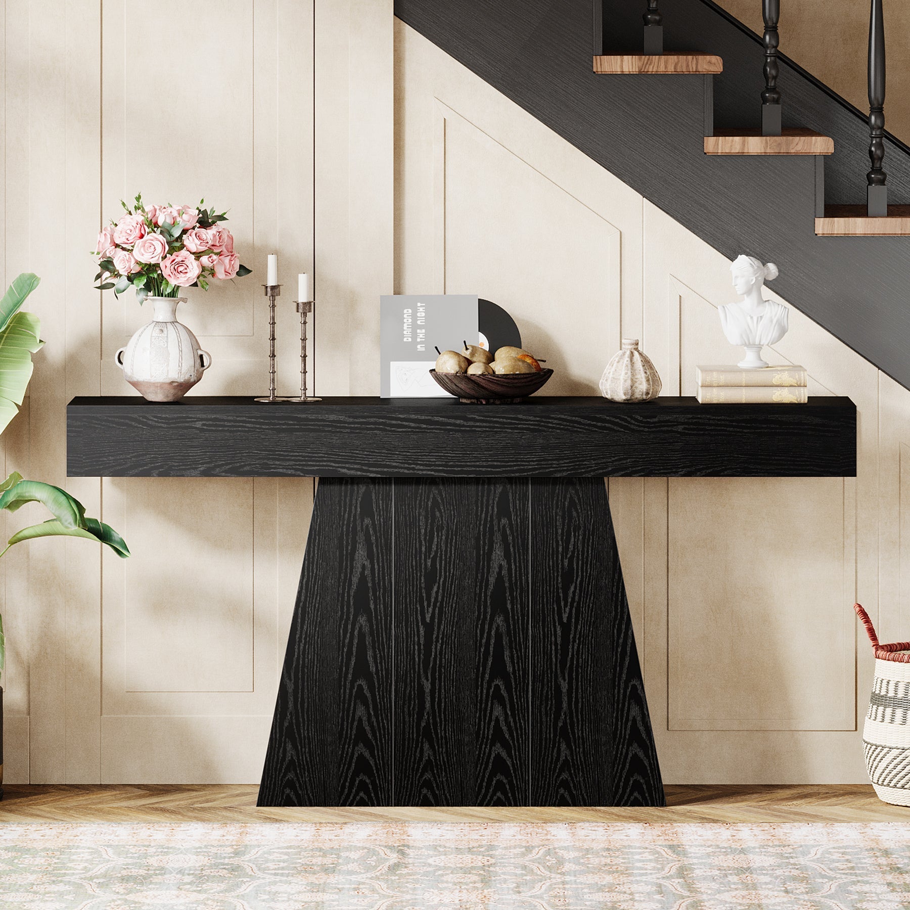 160 cm Console Table, Farmhouse Entryway Table Sofa Table with Trapezoidal Base