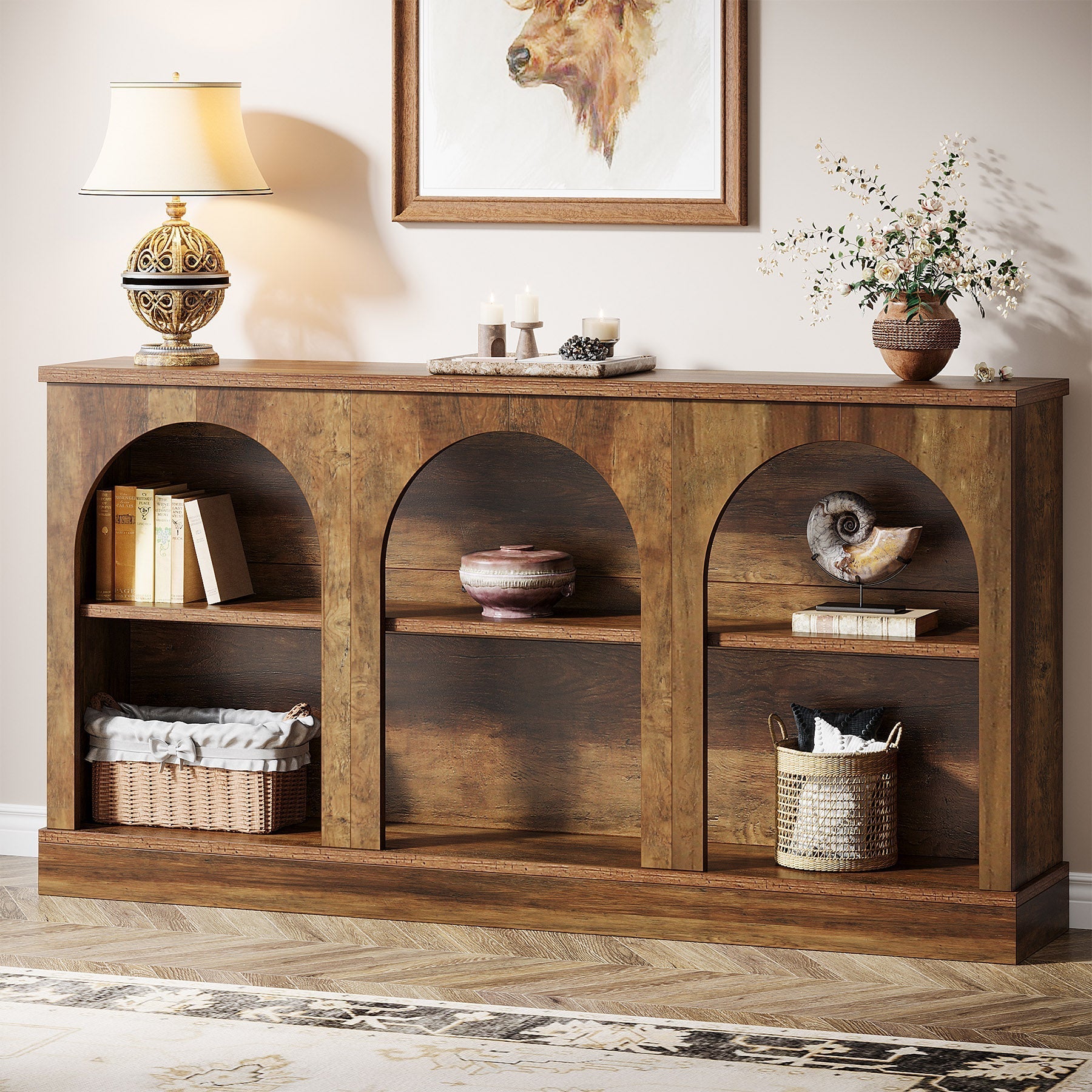 160 cm Console Table, Farmhouse Entryway Table with 3 Tier Storage