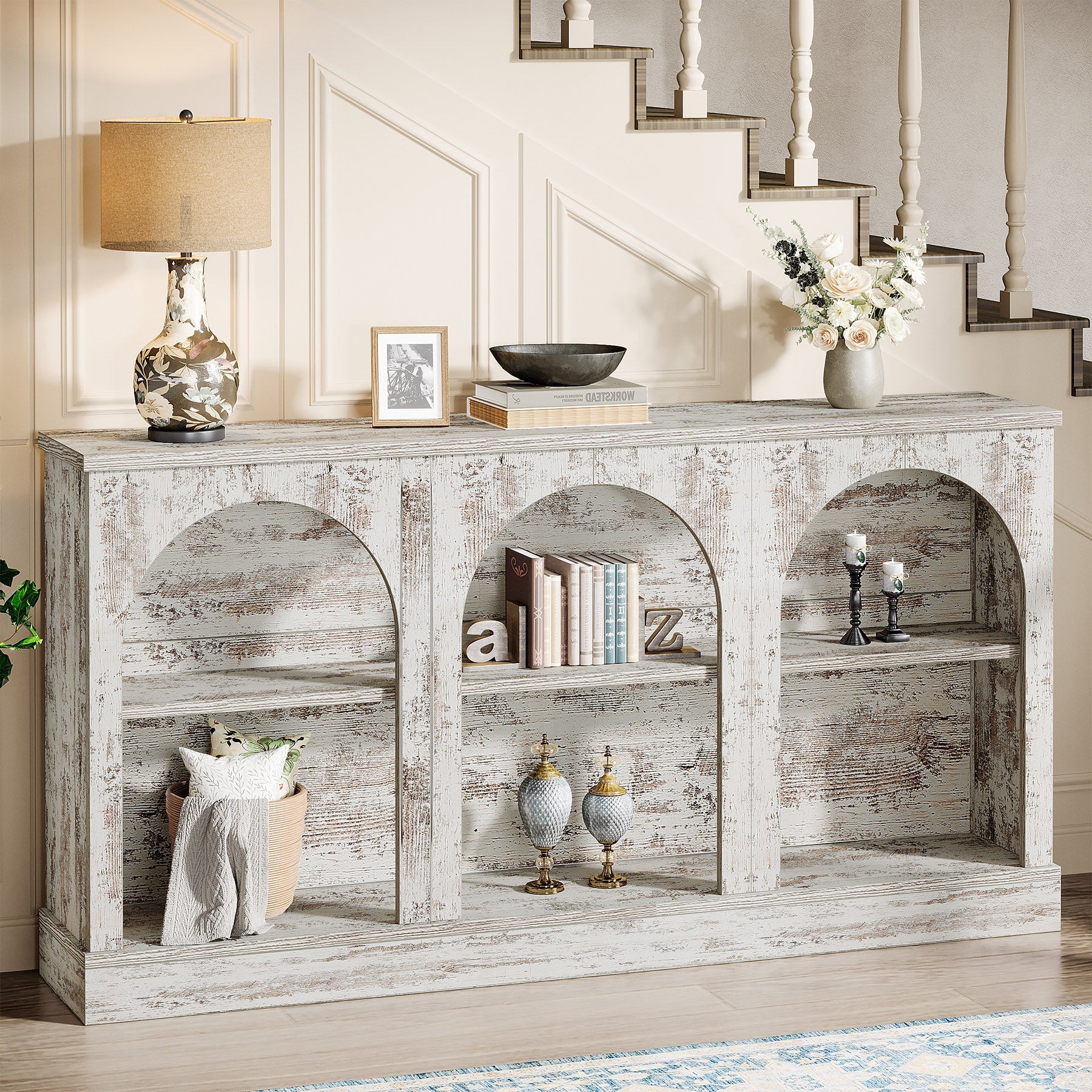 160 cm Console Table, Farmhouse Entryway Table with 3 Tier Storage