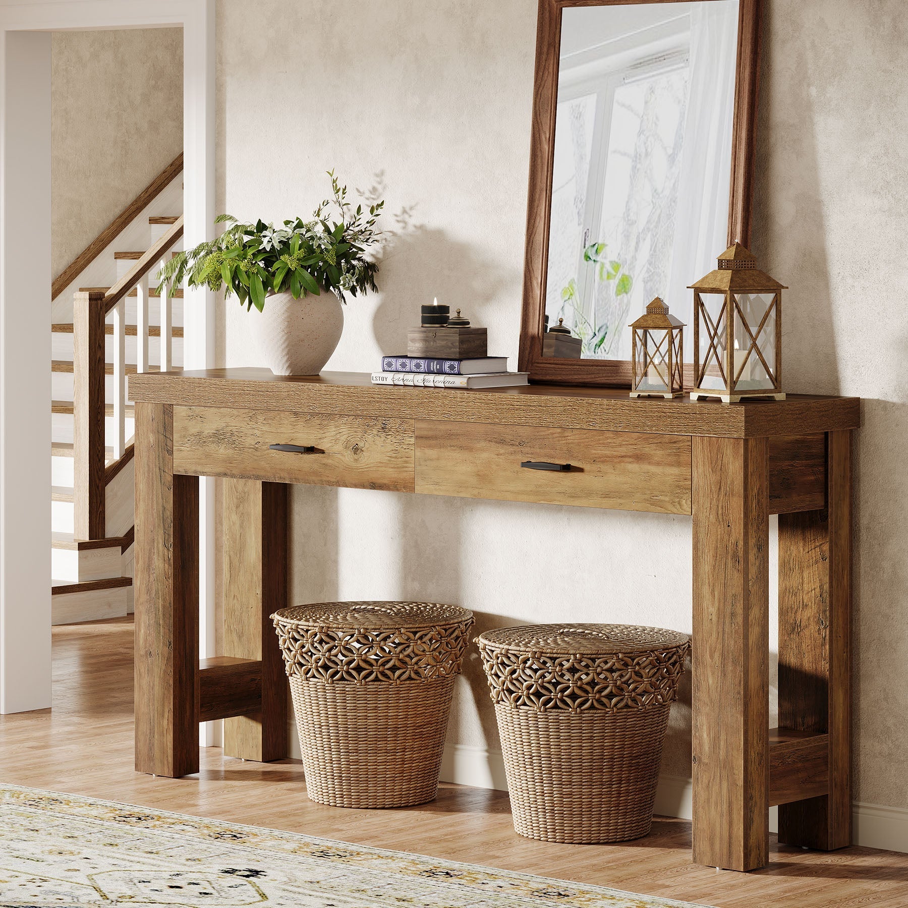 160 cm Console Table, Farmhouse Entryway Table with H-Shaped Legs and 2 Drawers