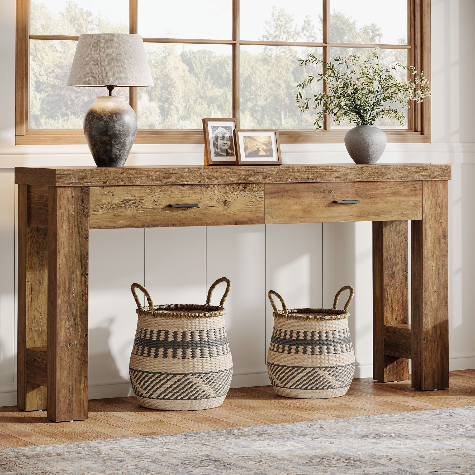 160 cm Console Table, Farmhouse Entryway Table with H-Shaped Legs and 2 Drawers