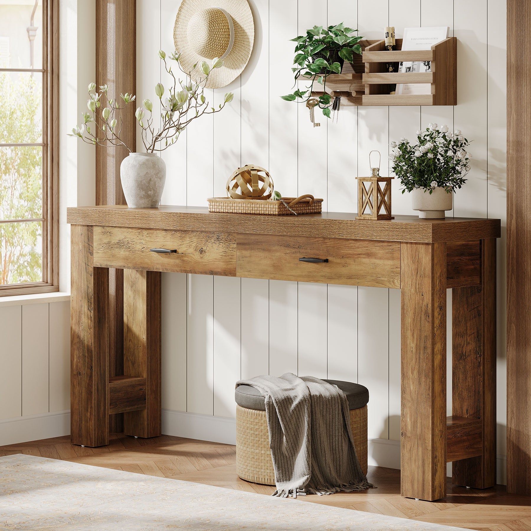 160 cm Console Table, Farmhouse Entryway Table with H-Shaped Legs and 2 Drawers