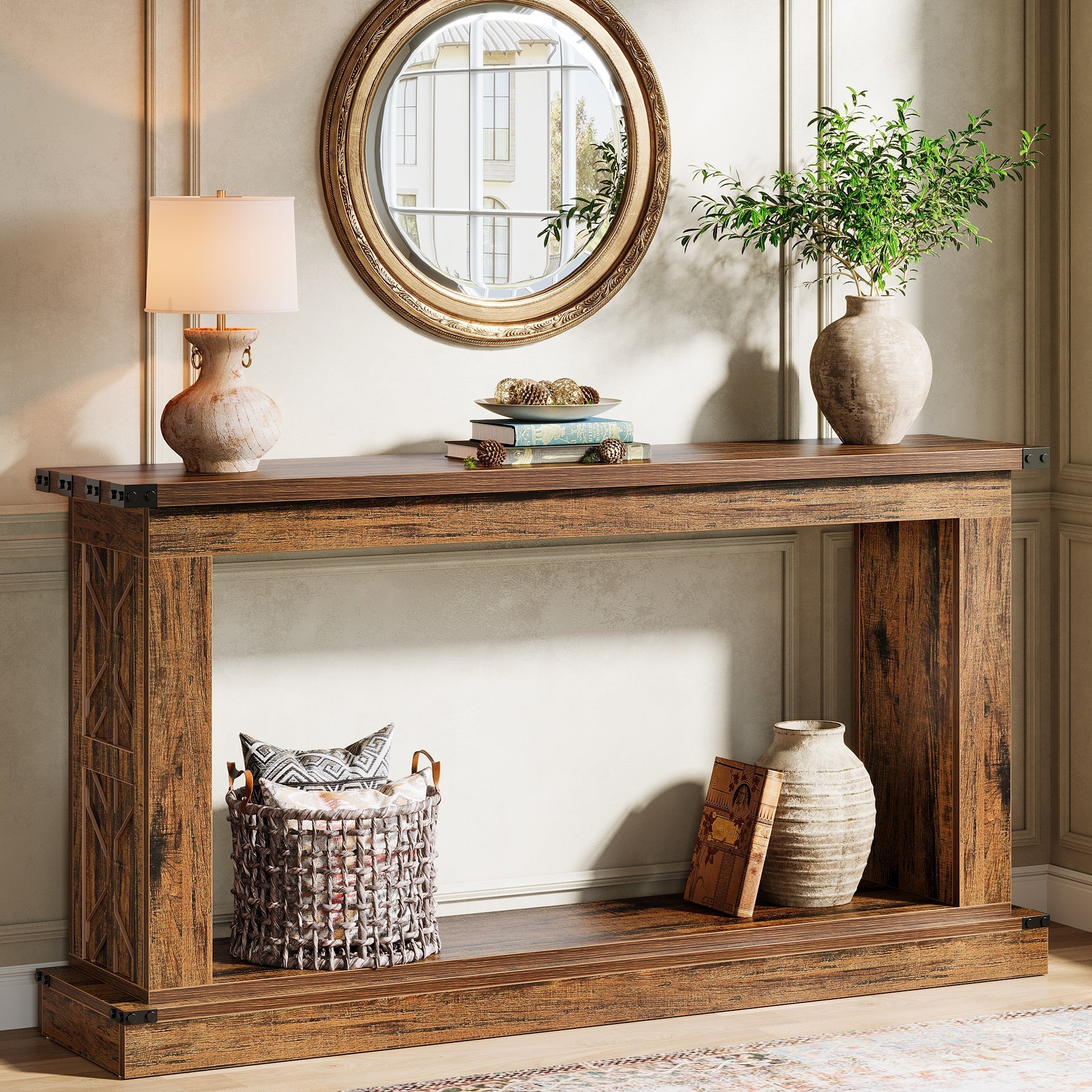 160 cm Console Table, Farmhouse Wood Sofa Table 2-Tier Entryway Table