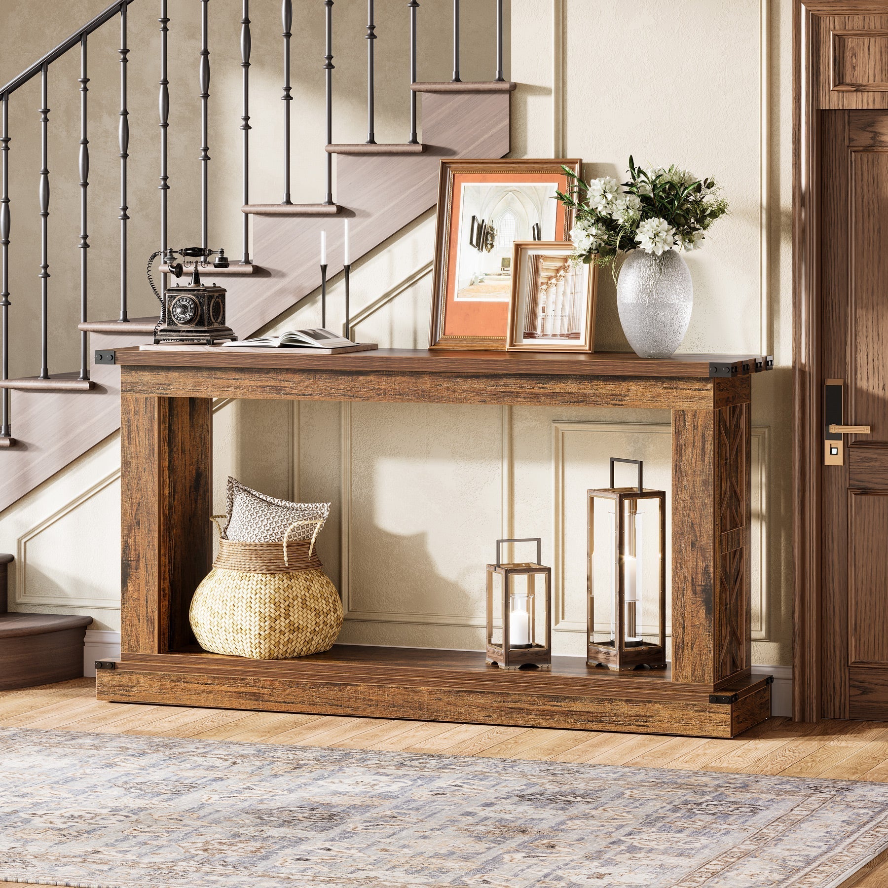 160 cm Console Table, Farmhouse Wood Sofa Table 2-Tier Entryway Table