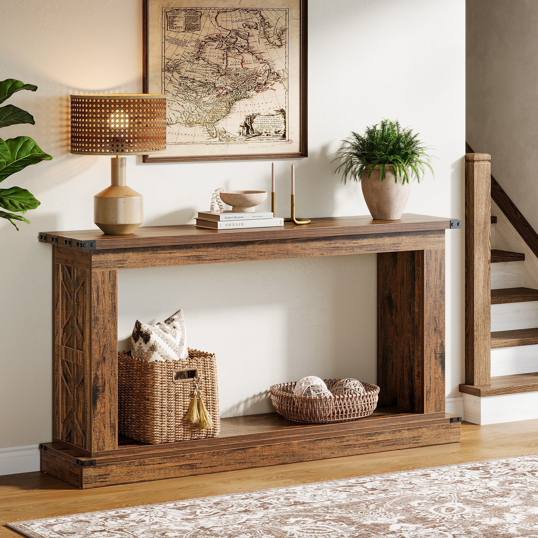 160 cm Console Table, Farmhouse Wood Sofa Table 2-Tier Entryway Table