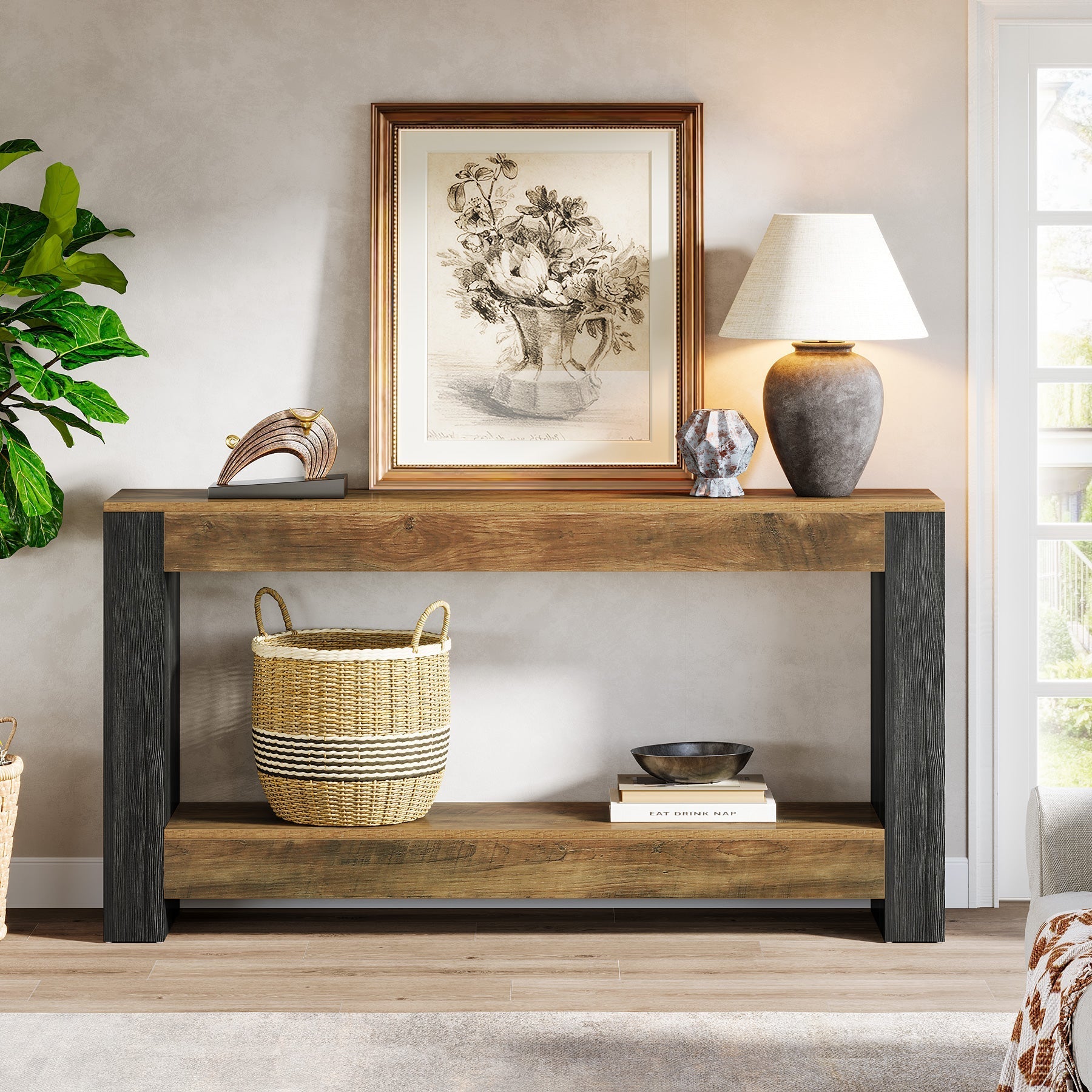 160 cm Console Table, Farmhouse Wood Sofa Table Behind Couch