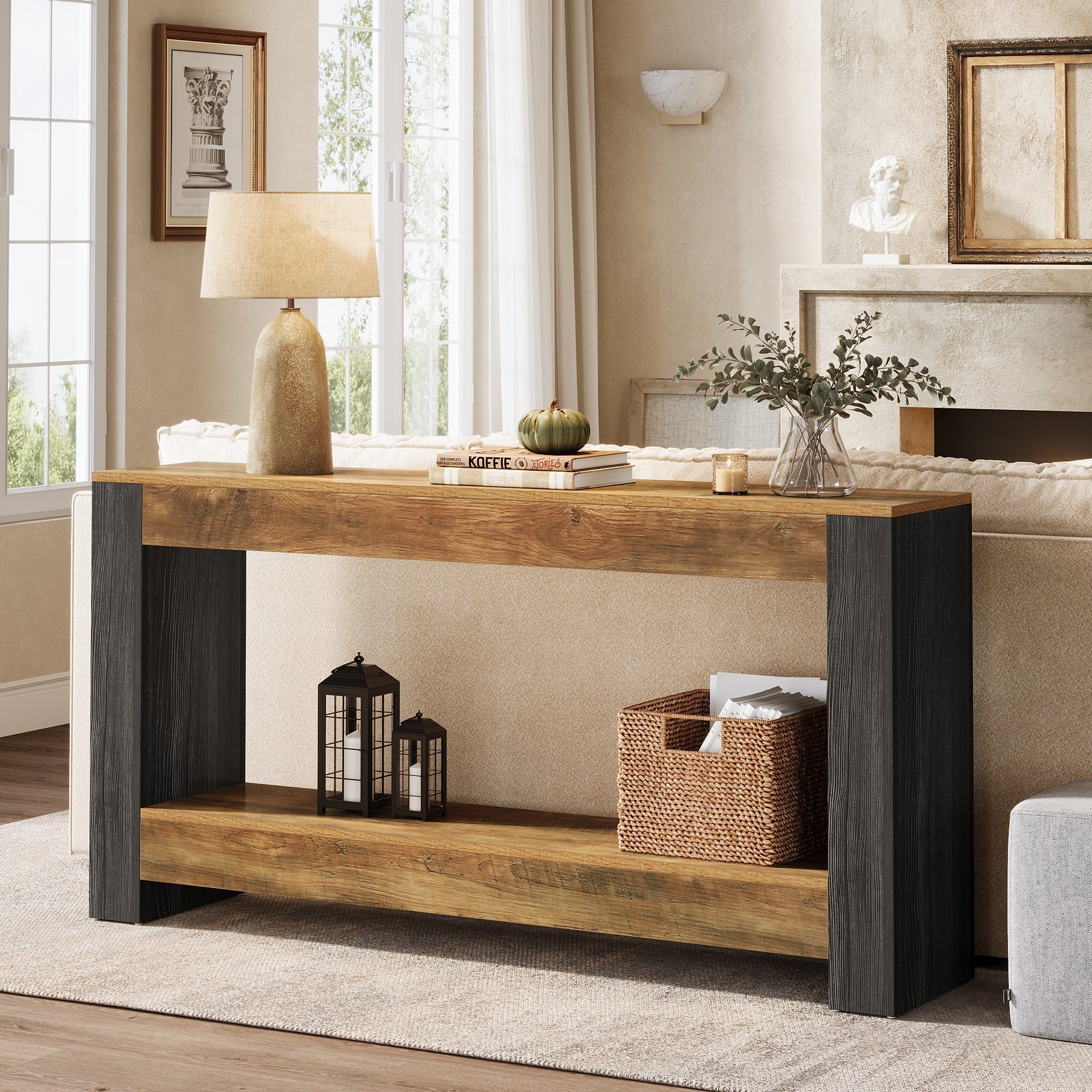 160 cm Console Table, Farmhouse Wood Sofa Table Behind Couch